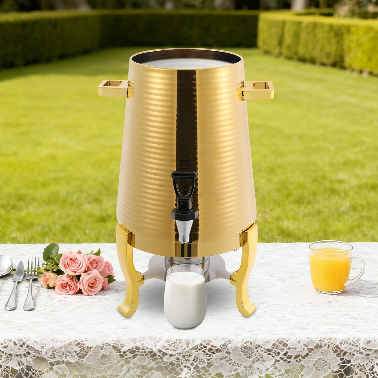 Insulated Beverage Dispenser 13L Stainless Steel Hot Drink Dispenser Countertop Commercial Hot and Cold Coffee Carafe with Spigot & Stand for Tea, Coffee, Milk, Water & Juice (Gold)