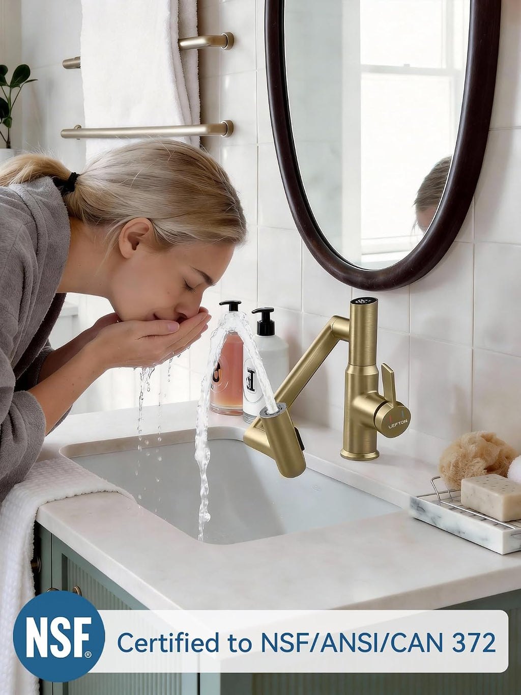 Lefton Rotatable Bathroom Faucet with Temperature Display in Fahrenheit (Batteries-Free), 3 Water Modes, Brushed Gold, BF2204-6