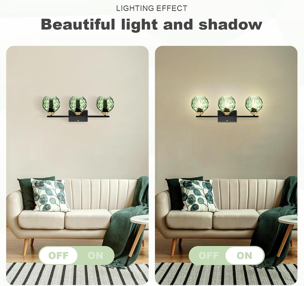 Glass Bathroom Vanity Light Matte Black Mid Century Wall Light Fixtures 3-Light 23.6 Inch Green Globe Shade Indoor Green Glass Wall Sconce for Bedroom Hallway Bedside