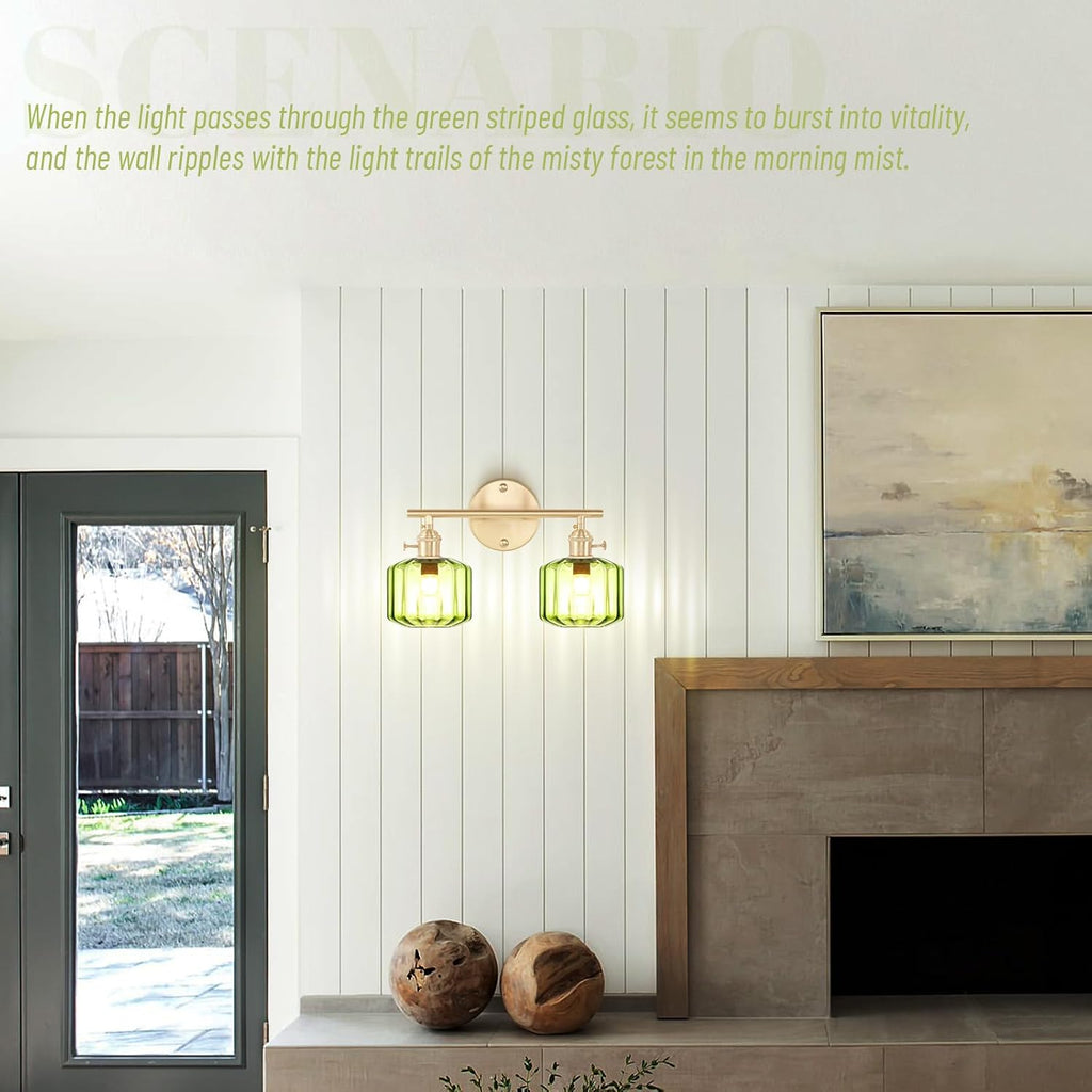 Bathroom Vanity Lighting Mid Century Wall Sconce 2-Light Farmhouse Gold Brass Brushed Bathroom Wall Light Fixtures with Green Striped Hand Blown Glass Shade for Bedroom Living Room