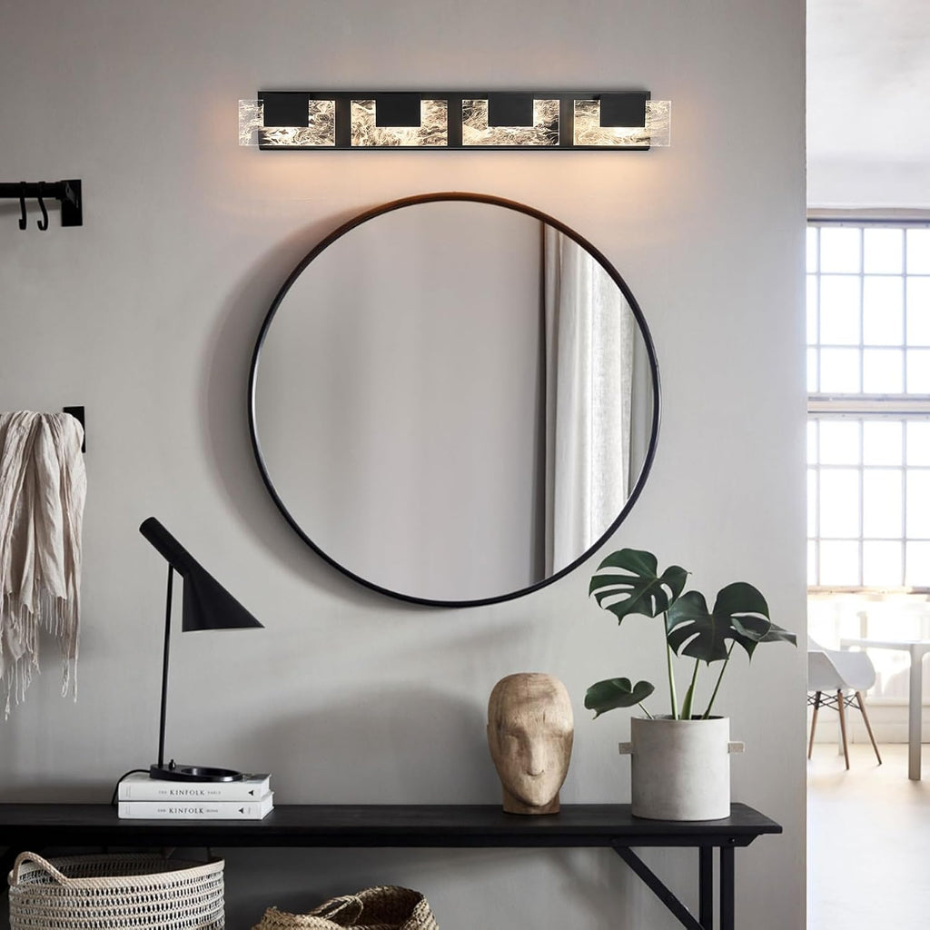 LED Bathroom Vanity Light: 32in Matte Black Acrylic Modern Lighting Fixtures - 4-Light Contemporary Smoke Design Wall Lights Fixture Over Mirror 3000K