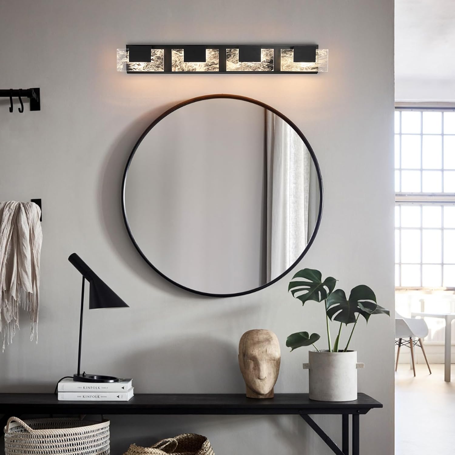LED Bathroom Vanity Light: 32in Matte Black Acrylic Modern Lighting Fixtures - 4-Light Contemporary Smoke Design Wall Lights Fixture Over Mirror 3000K