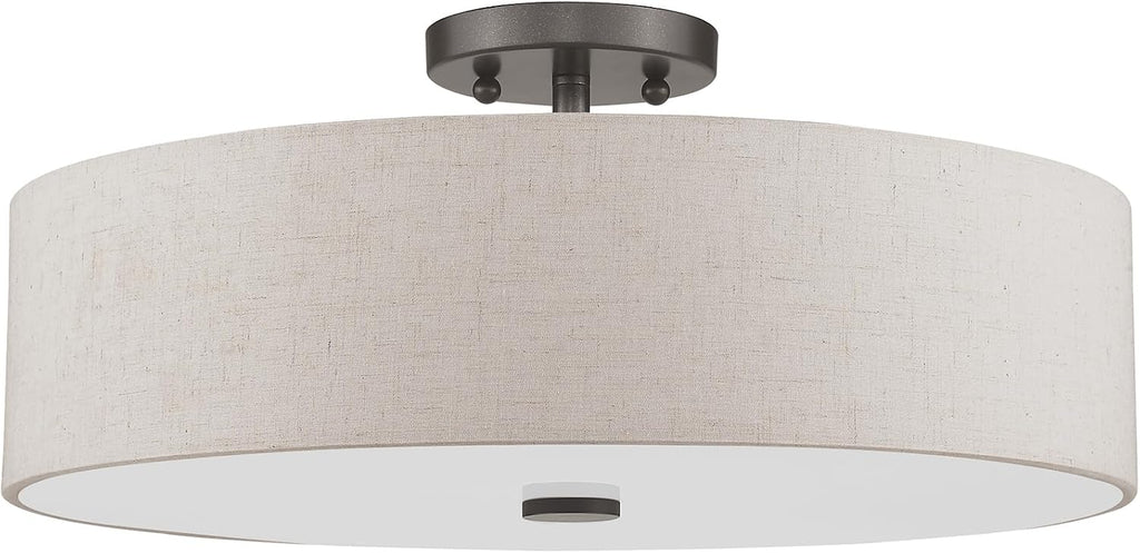 Livex Lighting 52136-92 Meridian Collection 4-Light Transitional Ceiling Mount Fixture with Oatmeal Color Fabric Hardback Shade, English Bronze