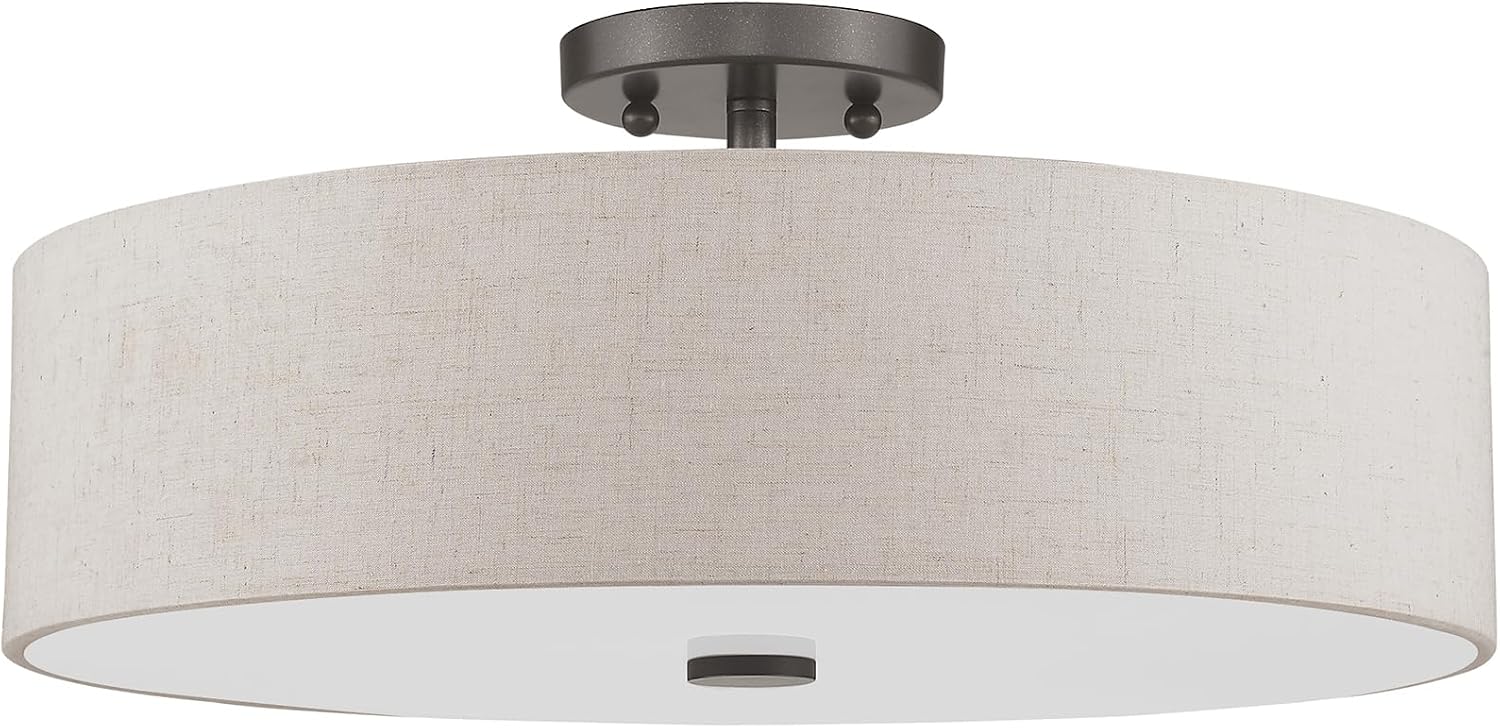 Livex Lighting 52136-92 Meridian Collection 4-Light Transitional Ceiling Mount Fixture with Oatmeal Color Fabric Hardback Shade, English Bronze