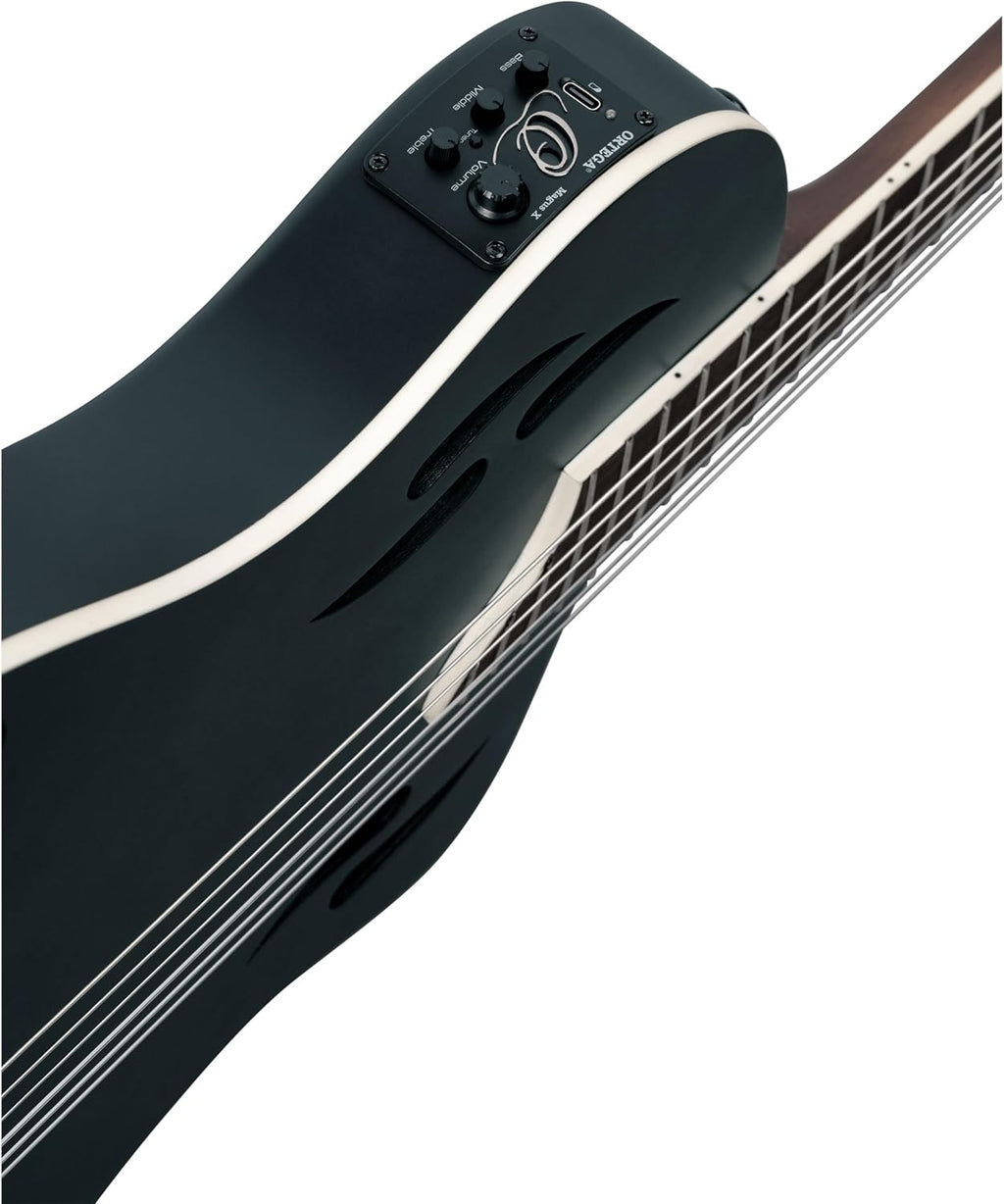 Ortega TourPlayer Standard Thinline Crossover Nylon-String Electric Guitar w/Pro gig bag, Satin Black (RTPSTD-SBK)