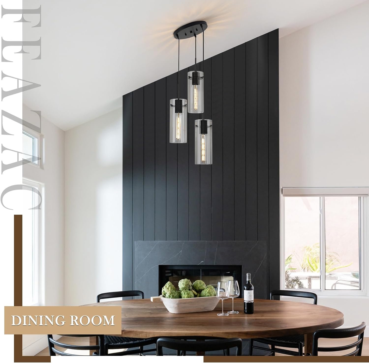 Modern Cluster Pendant Lights, Black Cluster Chandelier with Clear Ribbed Glass, 3 Light Pendant Lighting for Kitchen Island, Staircase, Dining Room, Living Room