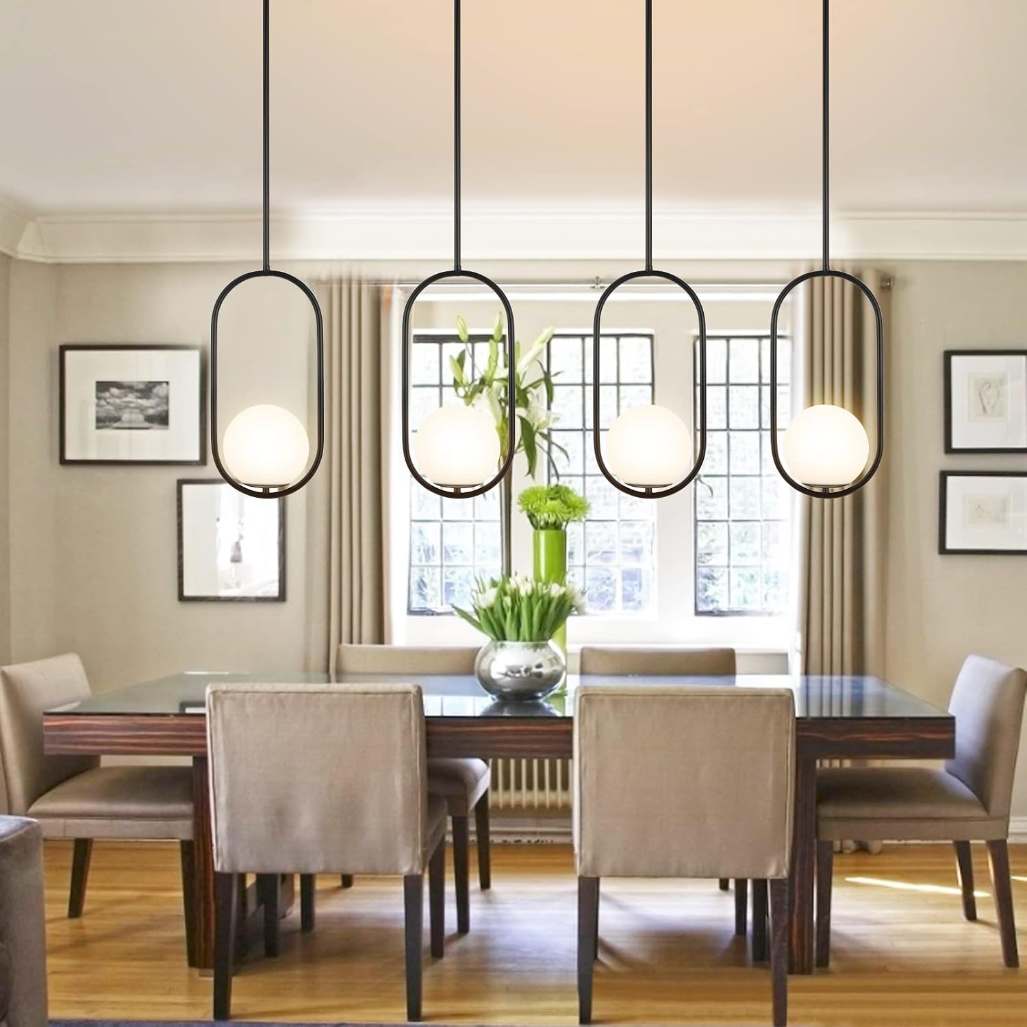 BYOLIIMA Modern Globe Pendant Light Mid Century Chandelier 1-Light Matte Black Ceiling Hanging Lighting Fixture with White Globe Glass Lampshade for Kitchen Island Dining Room Bedroom (2 Pack)