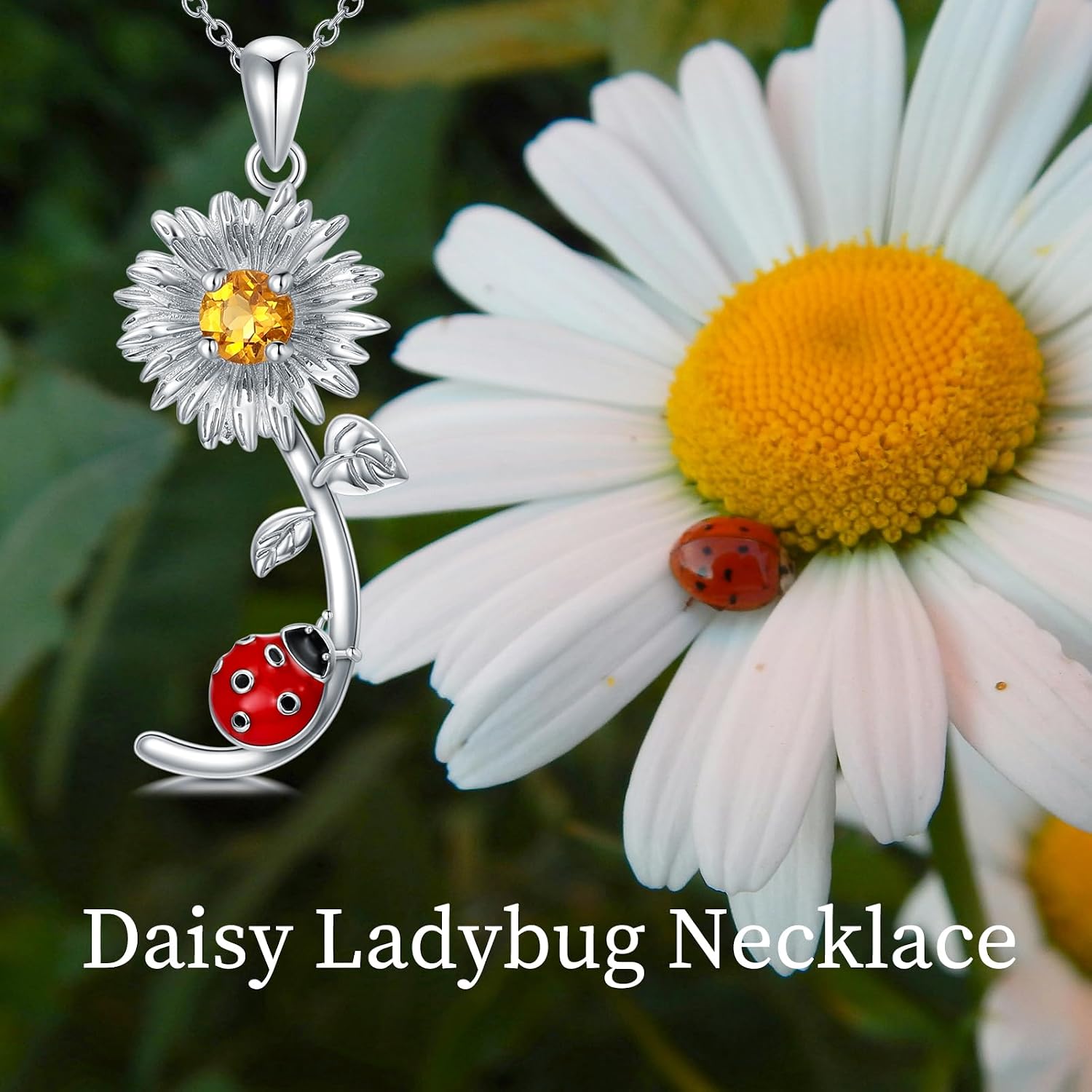 Daisy Ladybug Necklace 925 Sterling Silver Natural Citrine Daisy Flower Red Ladybug Pendant Jewelry Gifts for Women