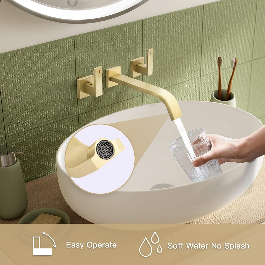 Brass Wall Mount Bathroom Faucet,Wall Mounted Vessel Sink Faucet with Dual Lever Handles,Widespread 3 Holes Wall Faucet for Vanity Lavatory Sink,Pop Up with Overflow Drain Assembly Included