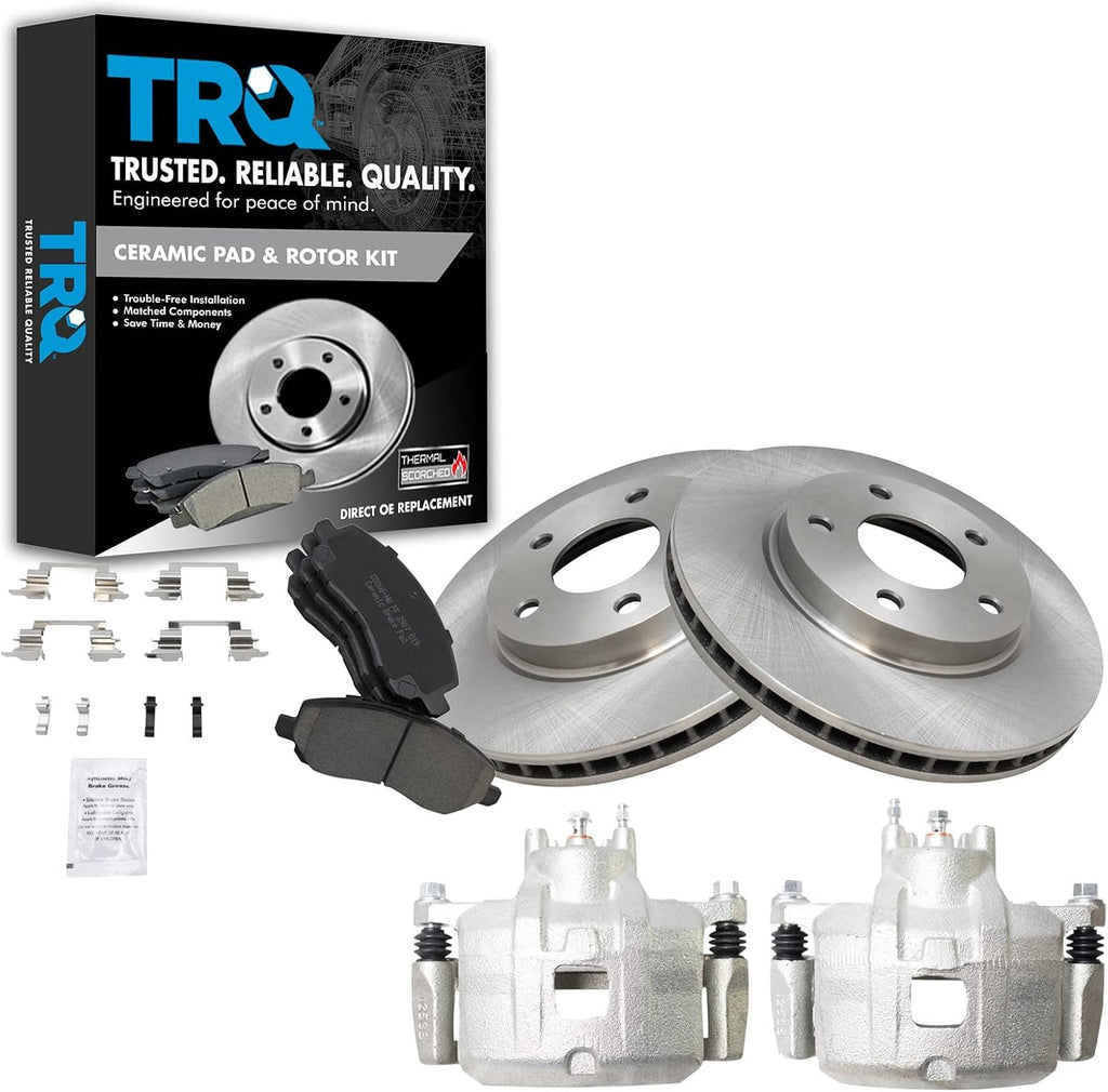TRQ Front Brake Pad and Rotor Set Ceramic Vented Rotors Calipers Compatible with 2007-2012 Dodge Caliber