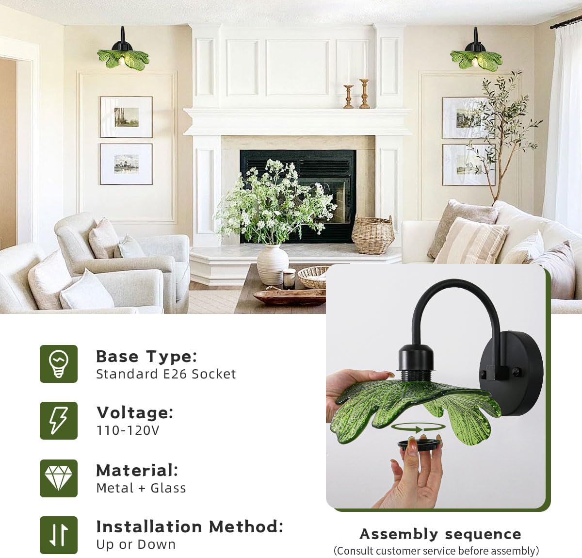 Matte Black Vanity Lighting Fixture Bathroom Wall Sconce Set of 2 Vintage Wall Sconce Lights Wall Lamp with Green Glass Shade Bathroom Vanity Light Over Mirror for Bedroom Hallway Living Room