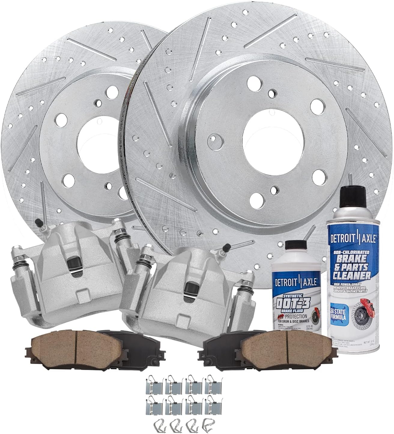Detroit Axle - Front Brake Kit for Toyota Rav4 Prius V Scion xB Lexus HS250h Drilled & Slotted Brake Rotors Ceramic Brakes Pads Brake Calipers Replacement [10.83 inch Rotors]