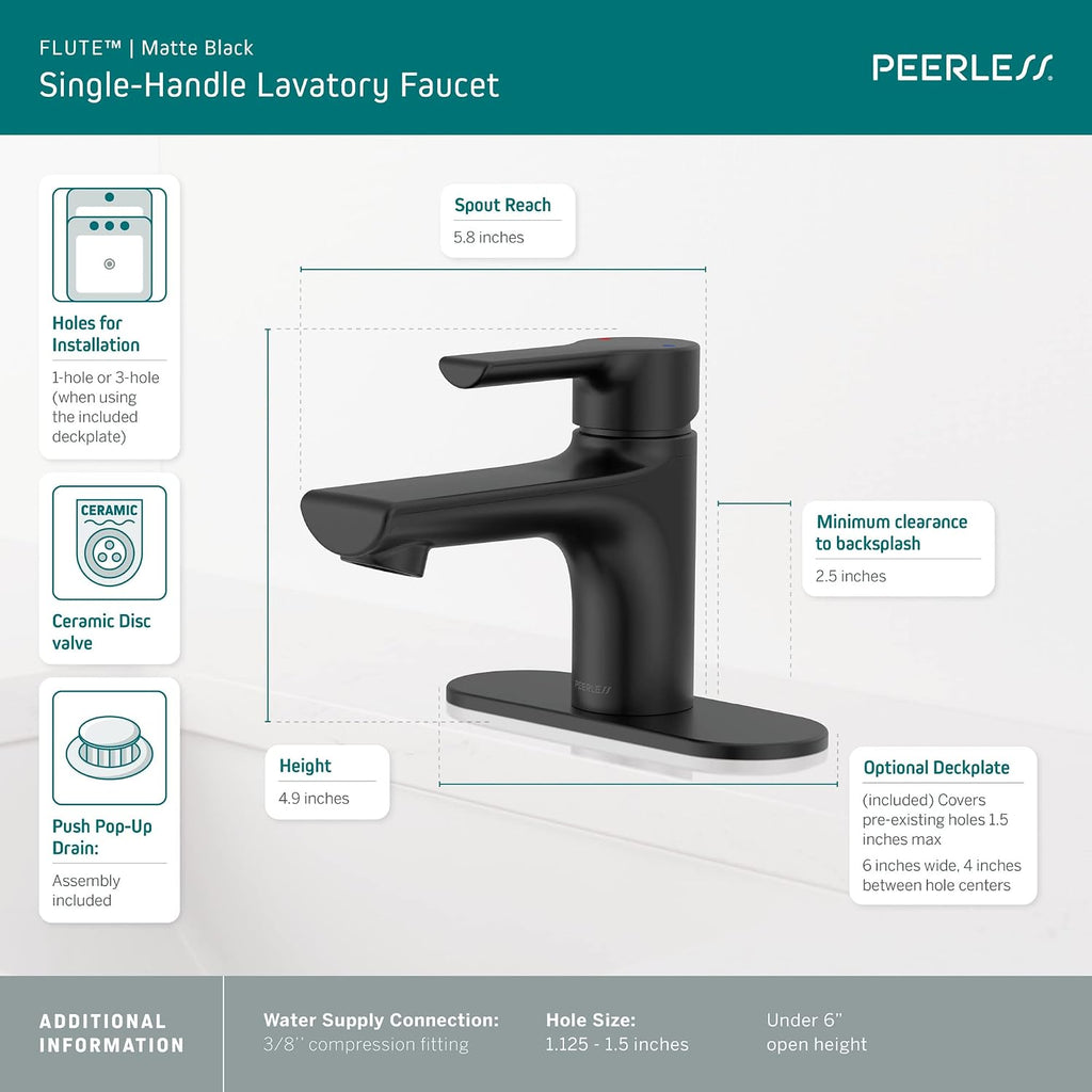 Peerless P1512LF-BL-M-0.5 Flute Bathroom Faucet, 0.5 GPM Flow Rate, Matte Black