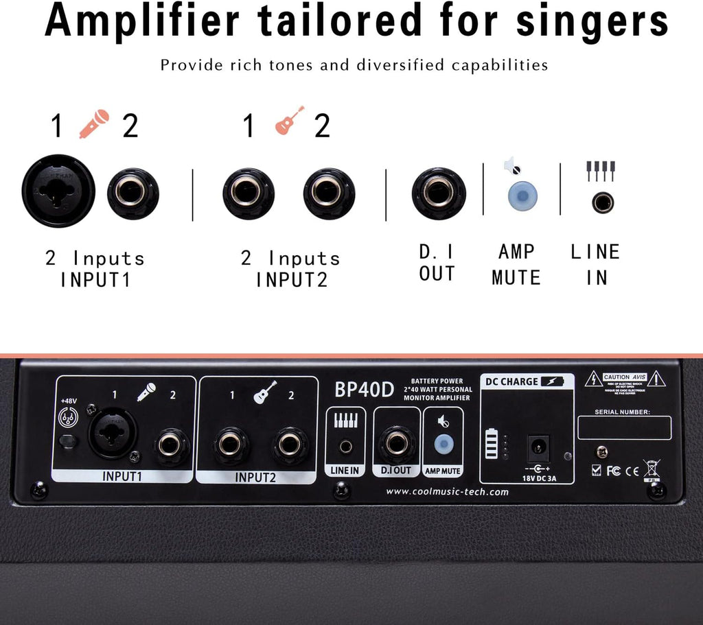 Coolmusic BP40D Powered Acoustic Guitar Amplifier- Portable Bluetooth Speaker 80W W/Battery with Reverb Chorus Delay Effect, 6 Inputs,3 Band EQ, Black
