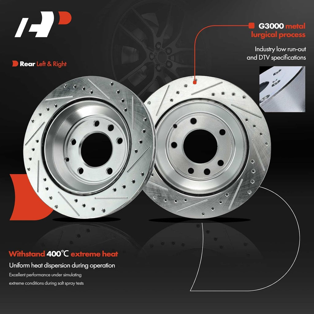 A-Premium 6-PC Set 12.98 inch (329.8mm) Rear Drilled and Slotted Disc Brake Rotors + Ceramic Pads Kit Compatible with Select Audi, Porsche and Volkswagen Models - for Touareg 2004-2010, Q7, Cayenne