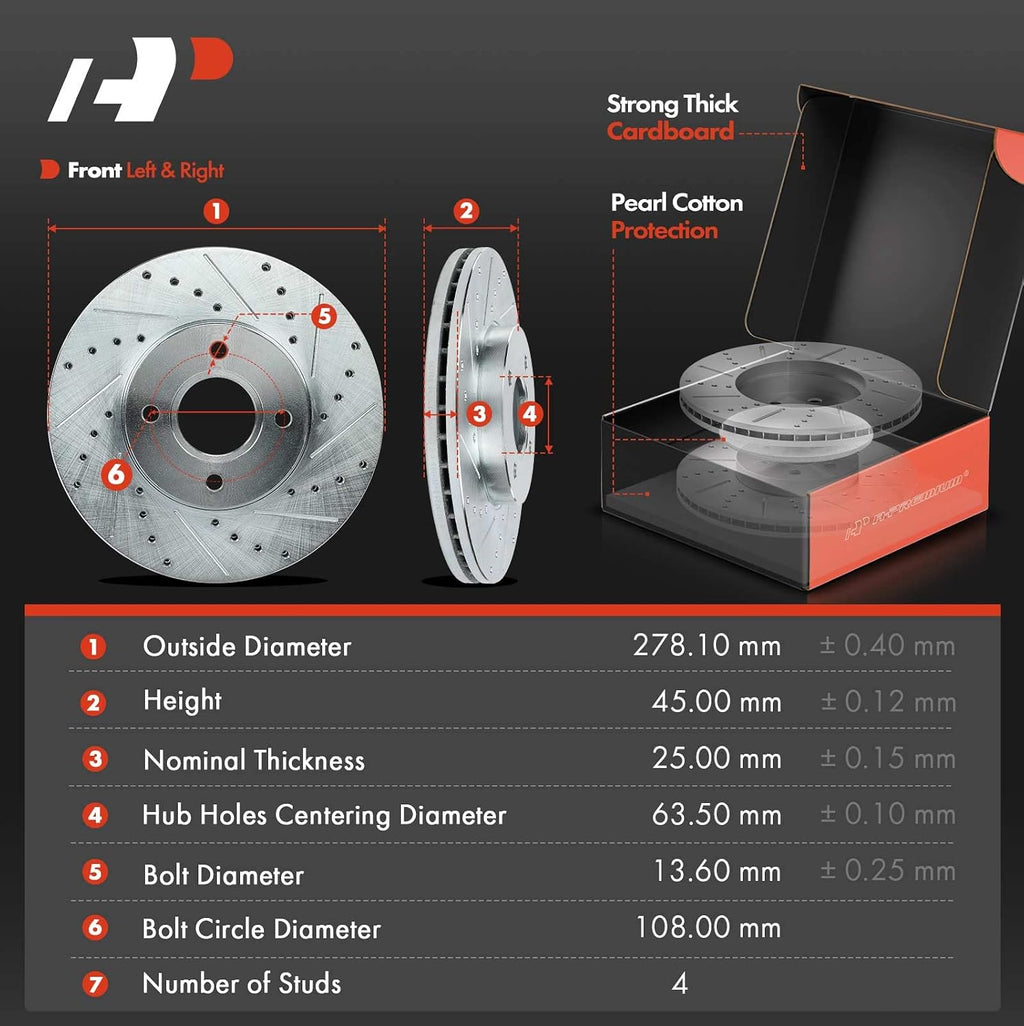A-Premium 10.95 inch (278mm) Front Drilled and Slotted Disc Brake Rotors + Ceramic Pads Kit Compatible with Select Ford Models - Focus 2005 2006 2007, 6-PC Set