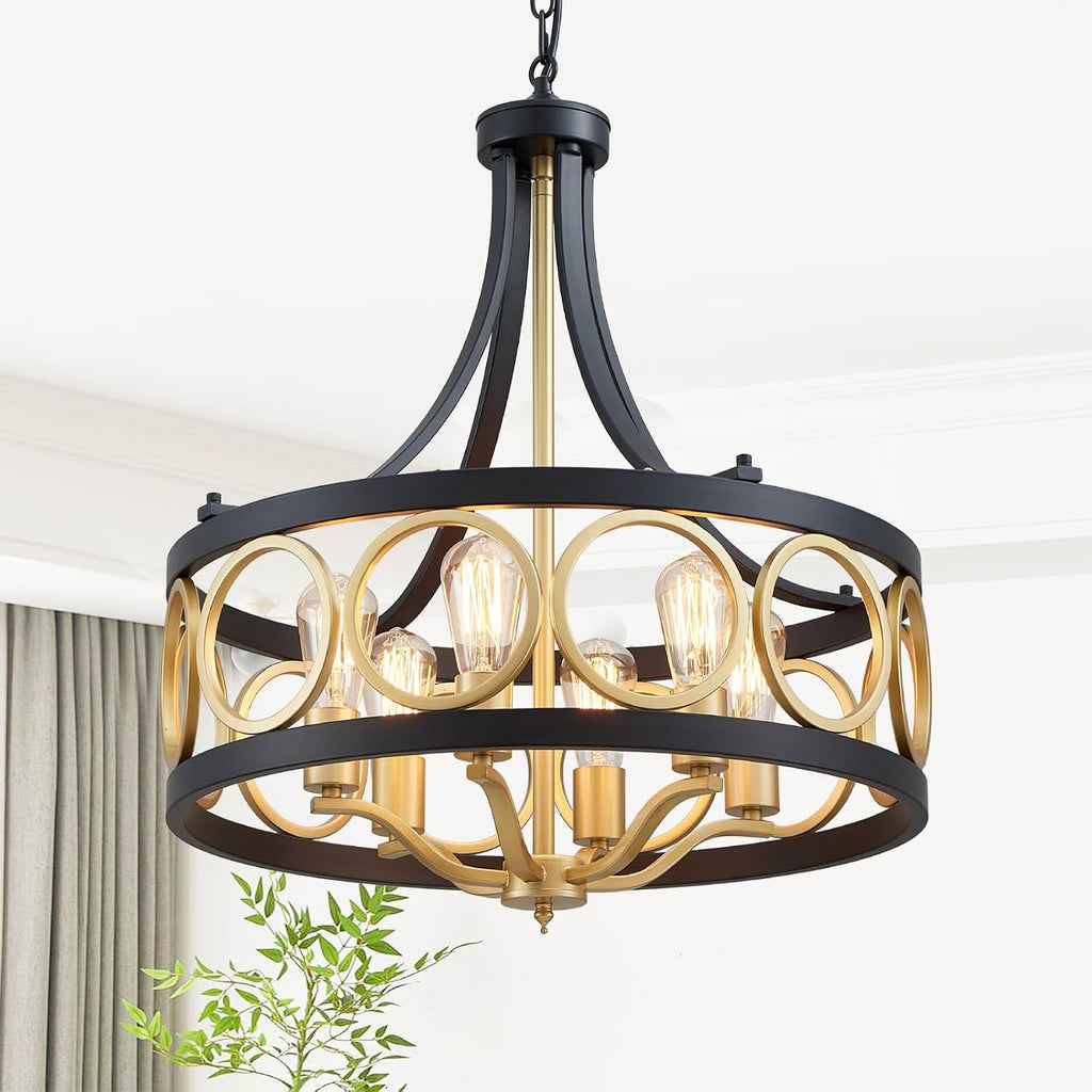 XINGQI 22' Black Gold Chandeliers for Dining Room Drum 6-Light Modern Pendant Lighting Fixture Over Table Rustic Metal Round Adjustable Height Hanging Lamp for Living Room Kitchen Island