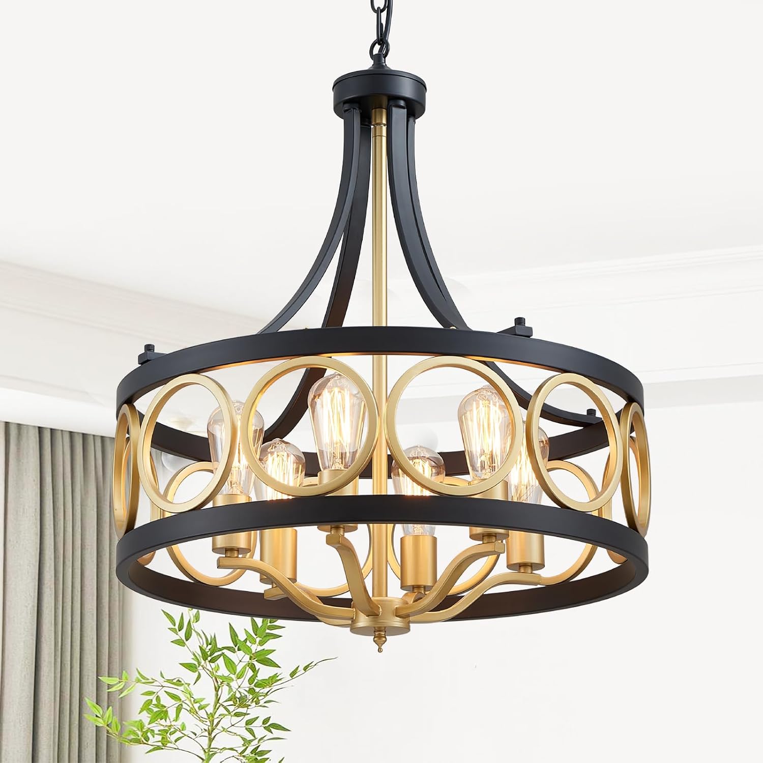 XINGQI 22' Black Gold Chandeliers for Dining Room Drum 6-Light Modern Pendant Lighting Fixture Over Table Rustic Metal Round Adjustable Height Hanging Lamp for Living Room Kitchen Island