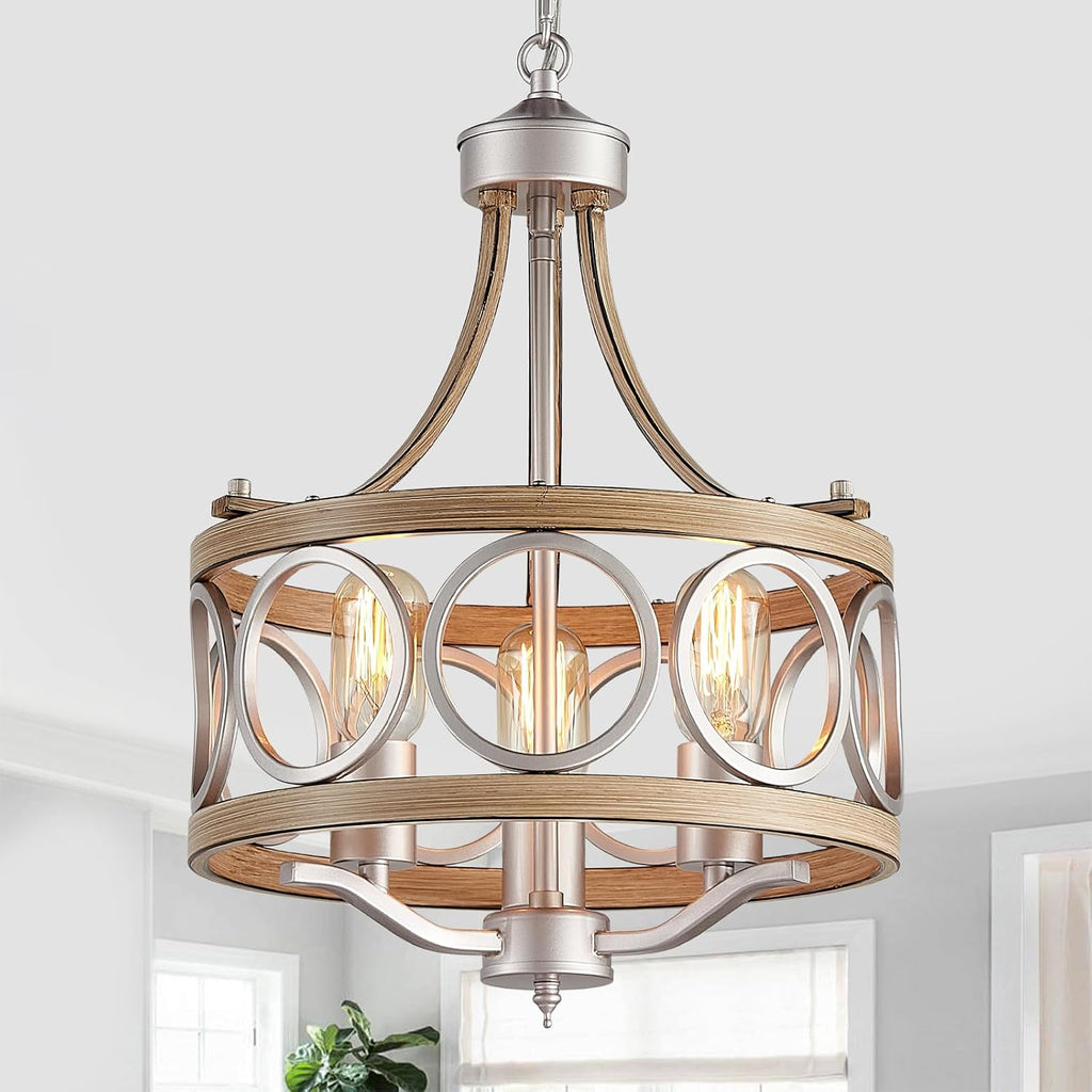 XINGQI 12.6' Modern Farmhouse Chandeliers Round 3-Light Dining Room Light Fixture Over Table Metal Drum Pendant Hanging Lamp Brushed Nickel and Wood Grain Finish for Entryway Bedroom Kitchen