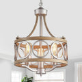 XINGQI 12.6' Modern Farmhouse Chandeliers Round 3-Light Dining Room Light Fixture Over Table Metal Drum Pendant Hanging Lamp Brushed Nickel and Wood Grain Finish for Entryway Bedroom Kitchen