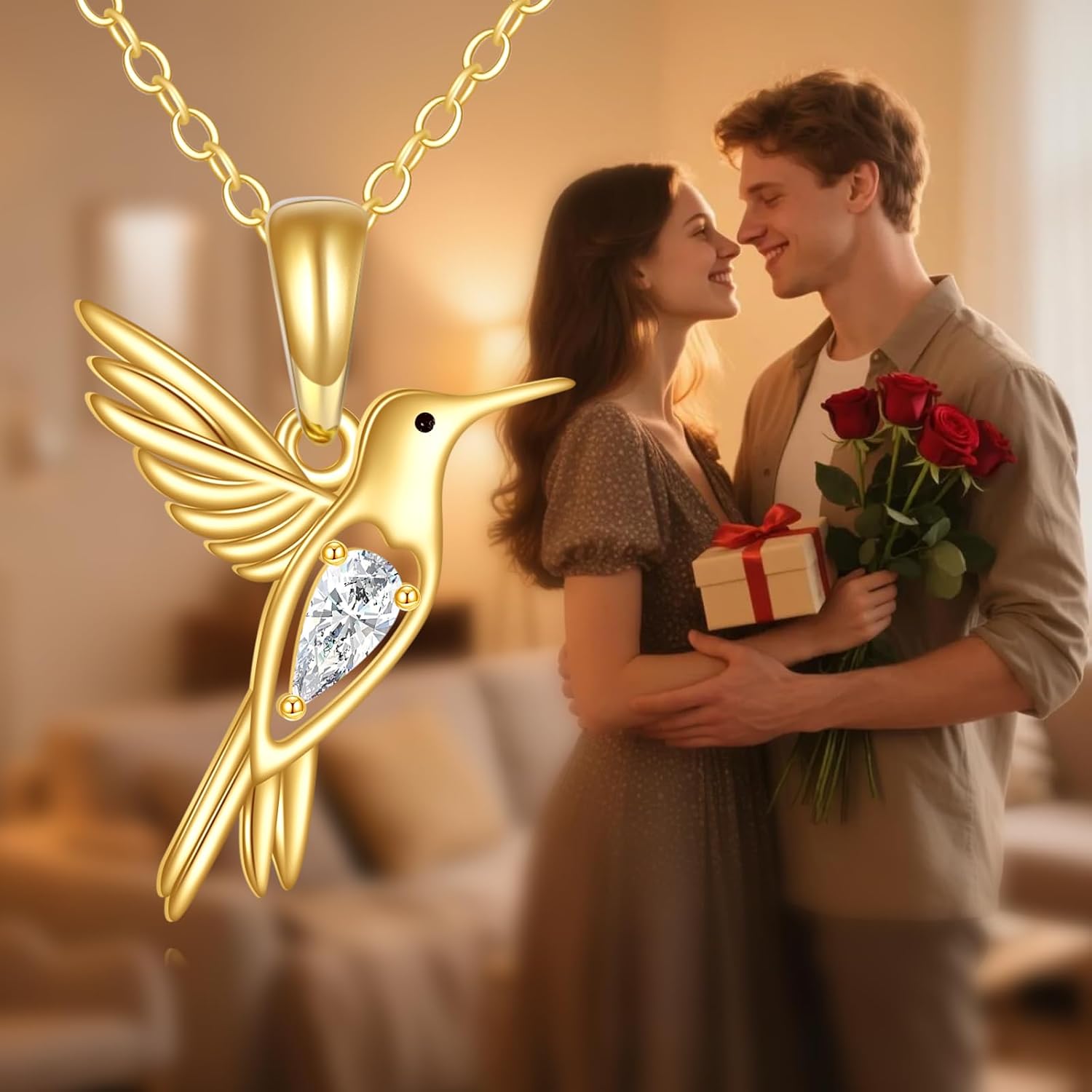 DOVRAN Real Solid Gold Birthstone Butterfly/Dragonfly/Bee/Hummingbird Necklace for Women Yellow Gold Animal Pendant for Christmas Dainty Jewelry Birthday Gifts for Mom Wife