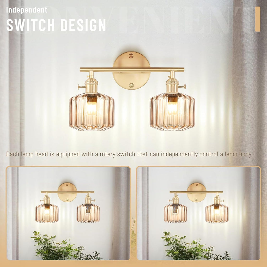 Vintage Glass Wall Sconce, 2-Light Brass Gold Bathroom Lighting Fixtures Over Mirror, Ribbed Vanity Wall Light with Amber Glass Shade, E26 Base for Bedroom, Dressing Table, Hallway