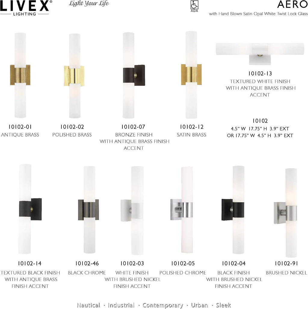 Livex Lighting 10102-03 Aero 2 Light ADA Vanity Sconce, White with Brushed Nickel Accent, 4.5 x 17.75