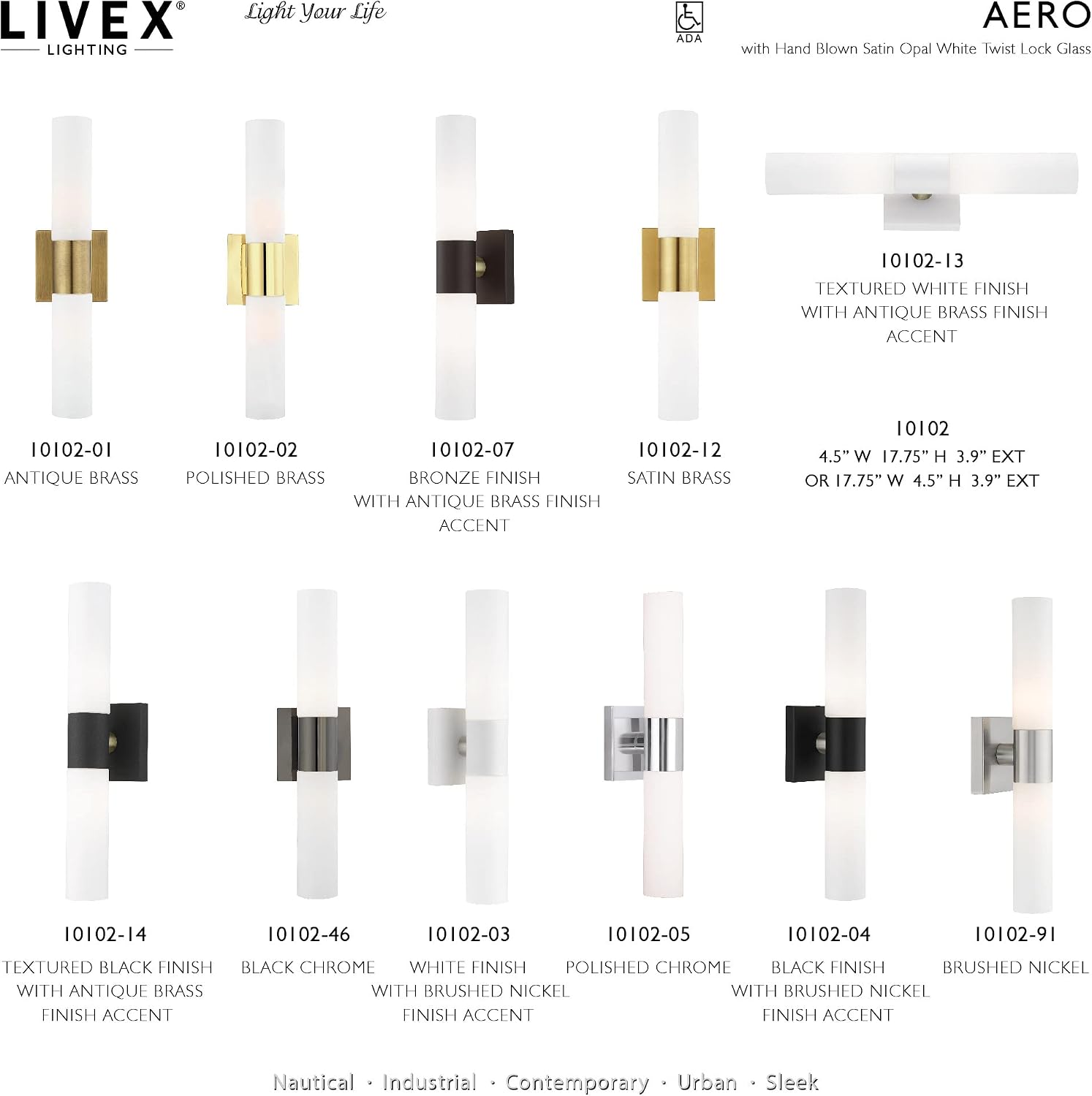 Livex Lighting 10102-03 Aero 2 Light ADA Vanity Sconce, White with Brushed Nickel Accent, 4.5 x 17.75