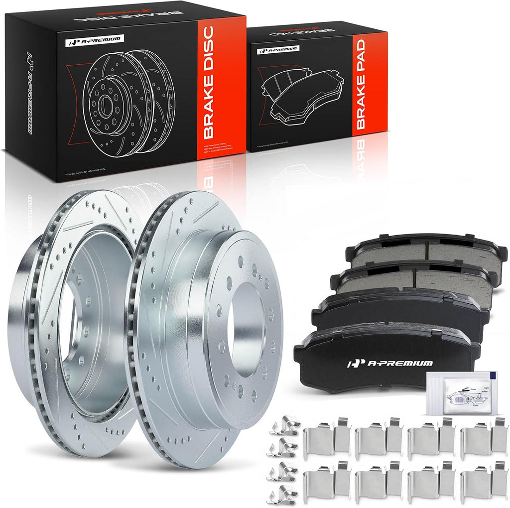 A-Premium 12.28 inch(311.92 mm) Rear Drilled and Slotted Disc Brake Rotors + Ceramic Pads Kit Compatible with Select Toyota and Lexus Models - 4Runner/GX470 2003-2009, FJ Cruiser, Sequoia, 6-PC Set