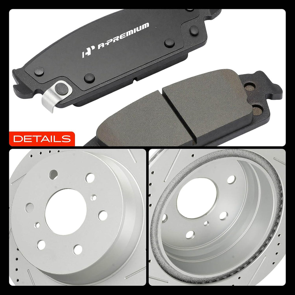 A-Premium Front & Rear Drilled and Slotted Disc Brake Rotors + Ceramic Pads Kit Compatible with Select Chevy, GMC and Cadillac Models - Yukon/Escalade/Suburban/Tahoe 15-20, Silverado/Sierra 1500 04-08