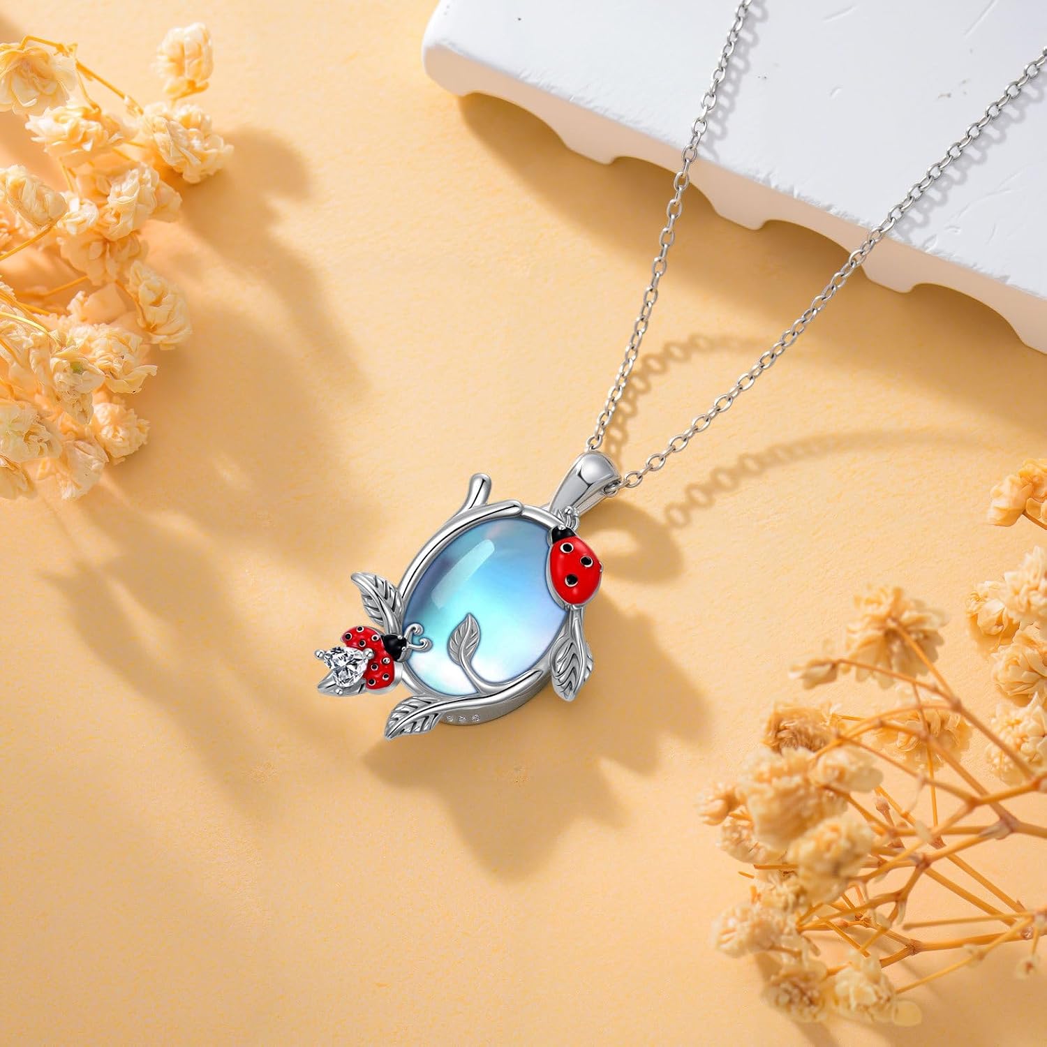 Moonstone Ladybug Necklace for Women 925 Sterling Silver Moonstone Pendant Nature Inspired Lucky Jewelry Gift for Mom Daughter Wife