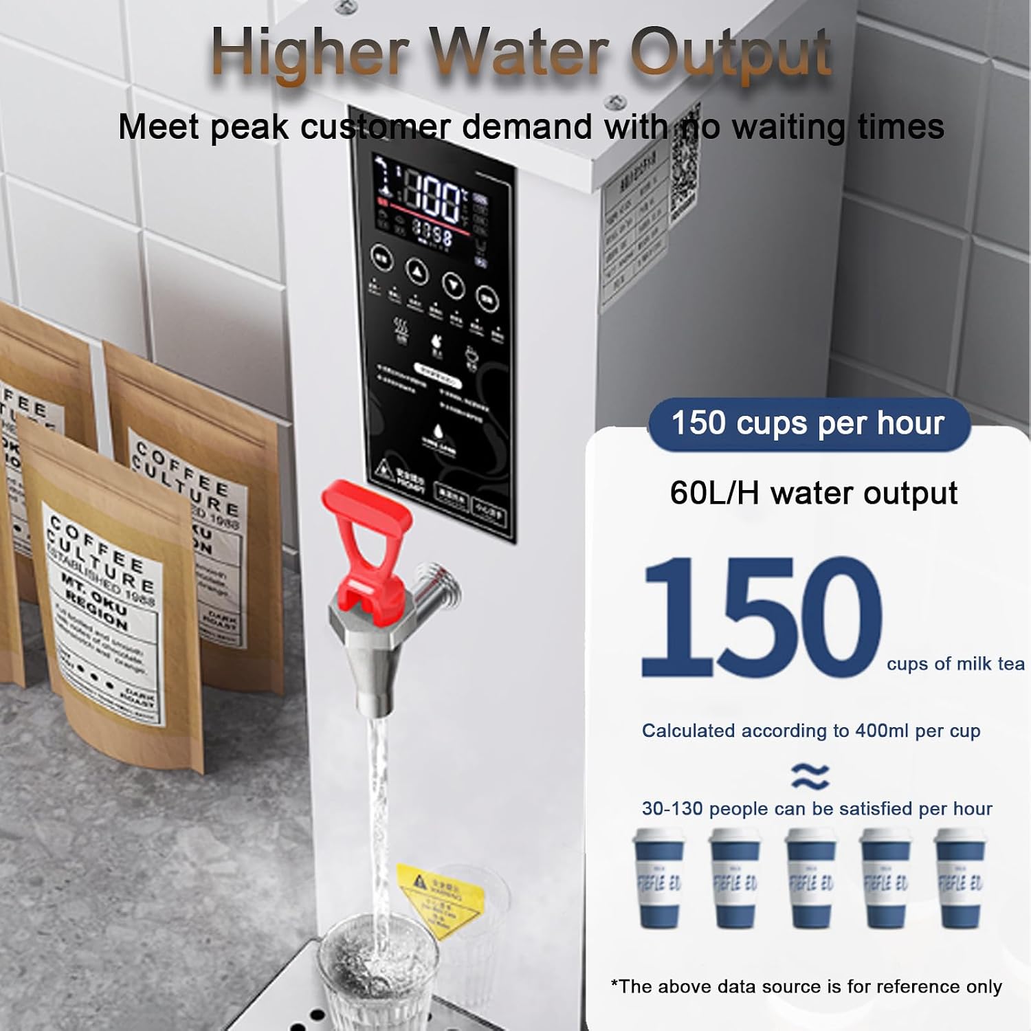 Commercial Hot Water Dispenser, 60°C to 100°C Temperature Adjustable, Built-in Purifier, Step-heating, 60L/H Large Output, for Boba Tea Coffee Office Restaurant Black