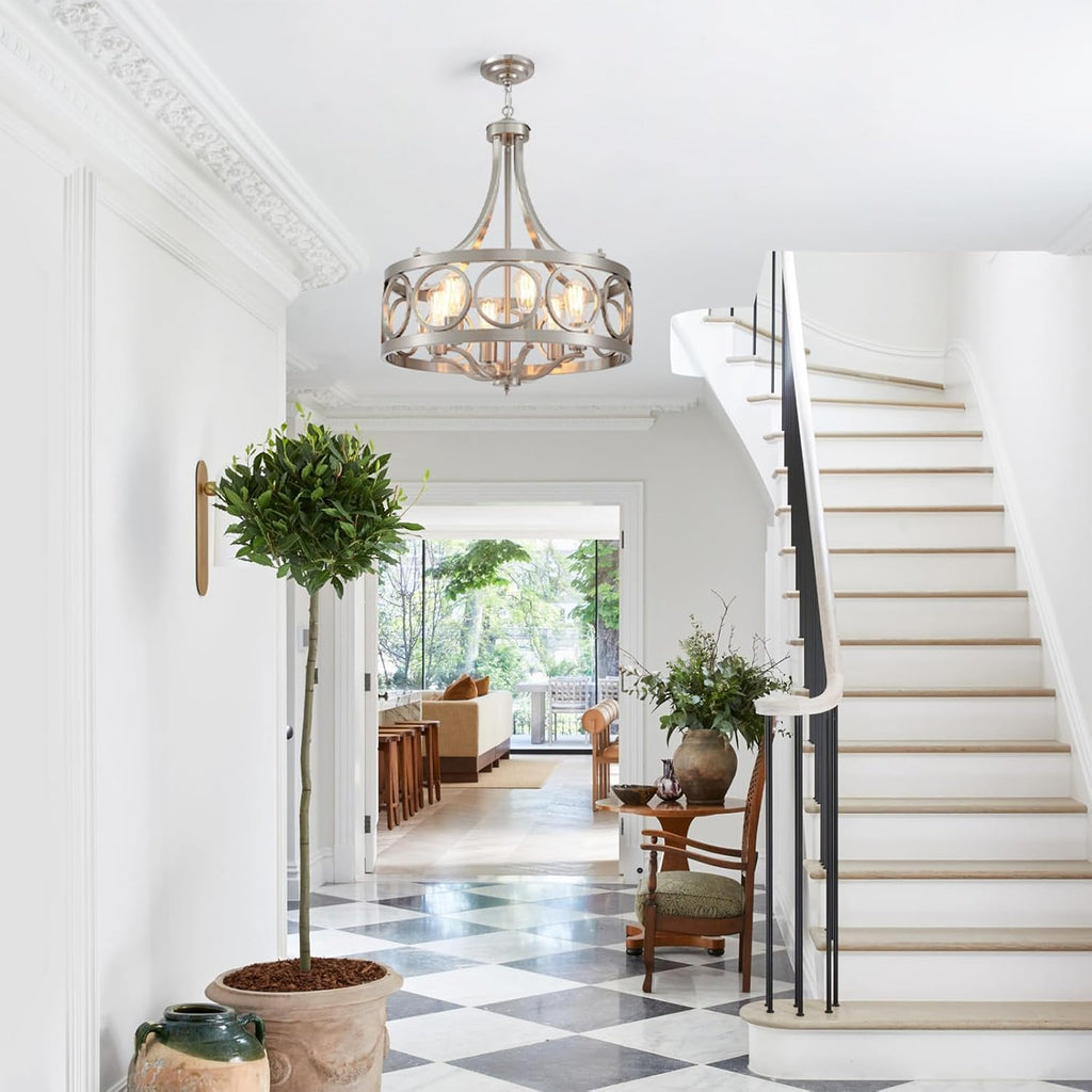 XINGQI Brushed Nickel Dining Room Chandelier 6 Lights Modern Farmhouse Chandelier 21.7' Round Hanging Lighting Fixture Rustic Metal Drum Pendant Lamp for Entryway Bedroom Kitchen