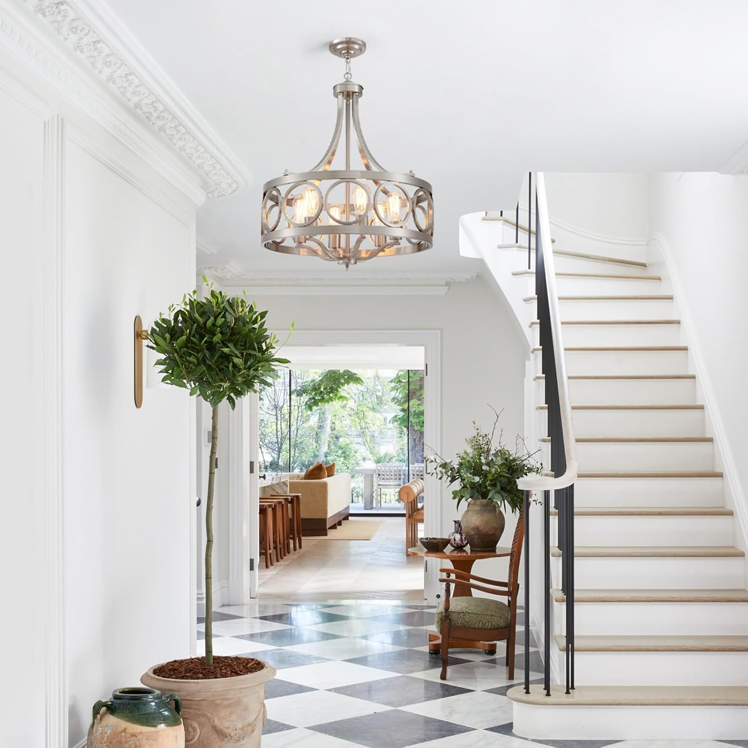 XINGQI Brushed Nickel Dining Room Chandelier 6 Lights Modern Farmhouse Chandelier 21.7' Round Hanging Lighting Fixture Rustic Metal Drum Pendant Lamp for Entryway Bedroom Kitchen