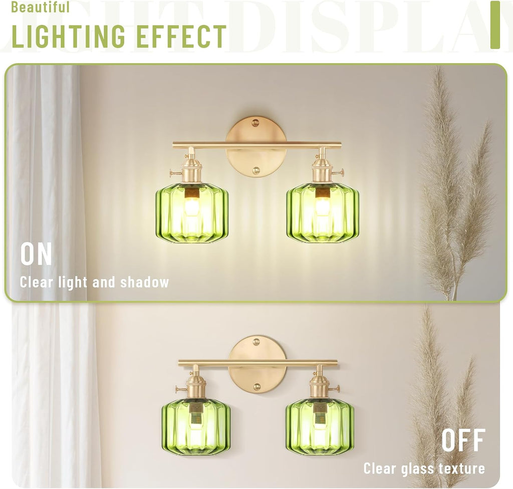 Bathroom Vanity Lighting Mid Century Wall Sconce 2-Light Farmhouse Gold Brass Brushed Bathroom Wall Light Fixtures with Green Striped Hand Blown Glass Shade for Bedroom Living Room