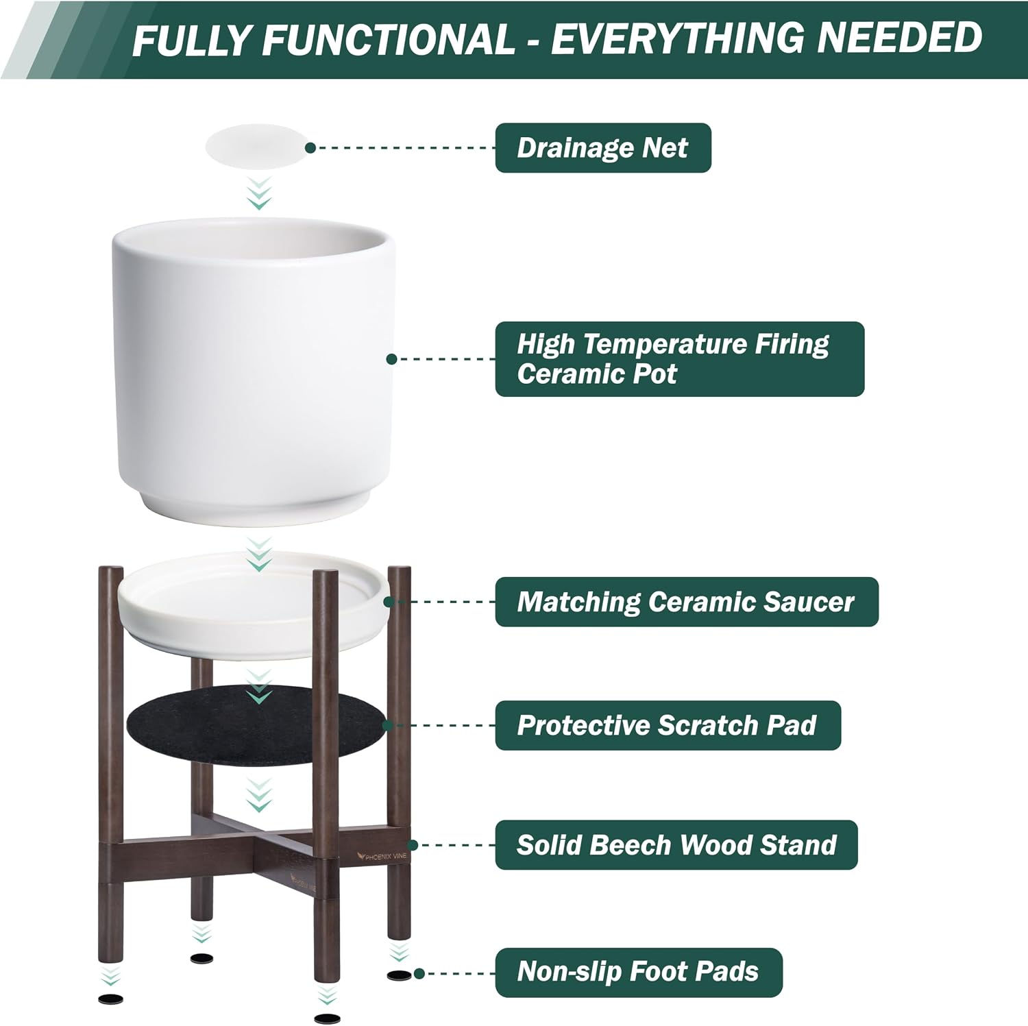D'vine Dev Ceramic Planter with Walnut Color Stand - 14 Inch Modern Round Flower Pot with Wood Planter Holder, White, 55-B-T-1