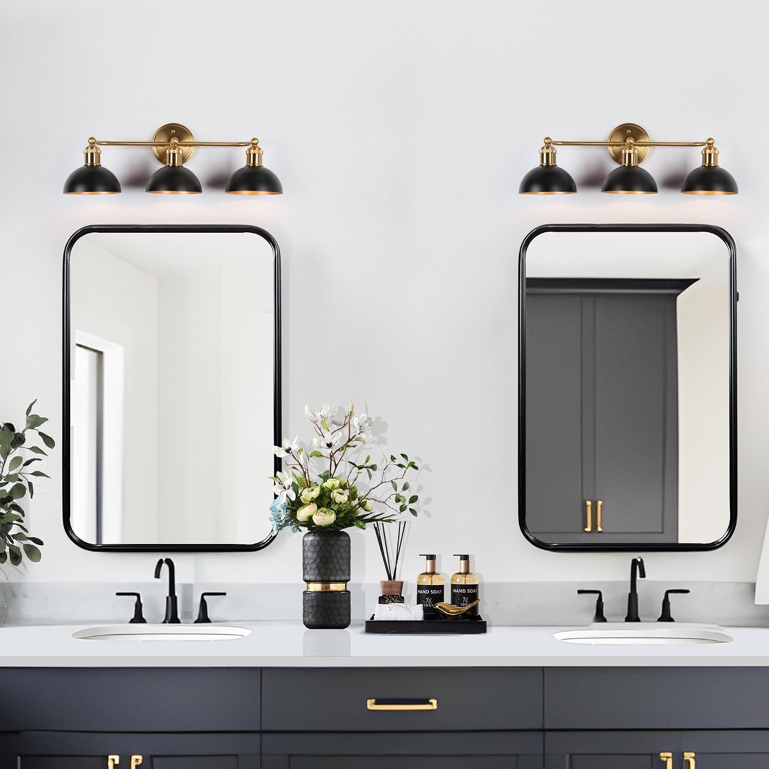 KSANA Black Brass Vanity Light, Modern Farmhouse Black and Gold Dome Bathroom Light, 3-Light Wall Lighting Fixture for Kitchen, Bedroom and Hallway