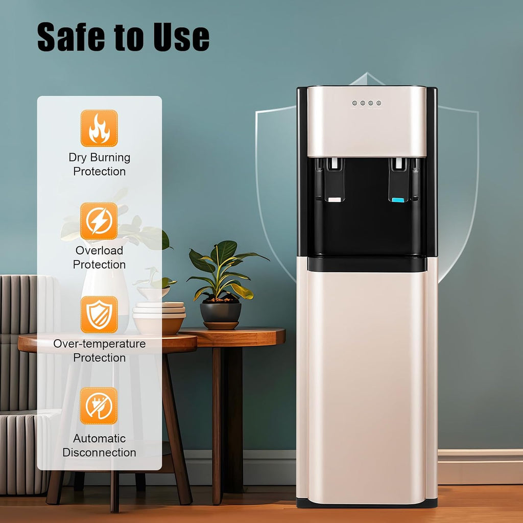Bepritm Bottom Loading Water Cooler Dispenser for 5 Gallon Bottles, Hot Cold & Cool Water Dispenser with Empty Bottle Indicator, Stainless Steel, Ideal for Office, Home, Living Room (Gold)