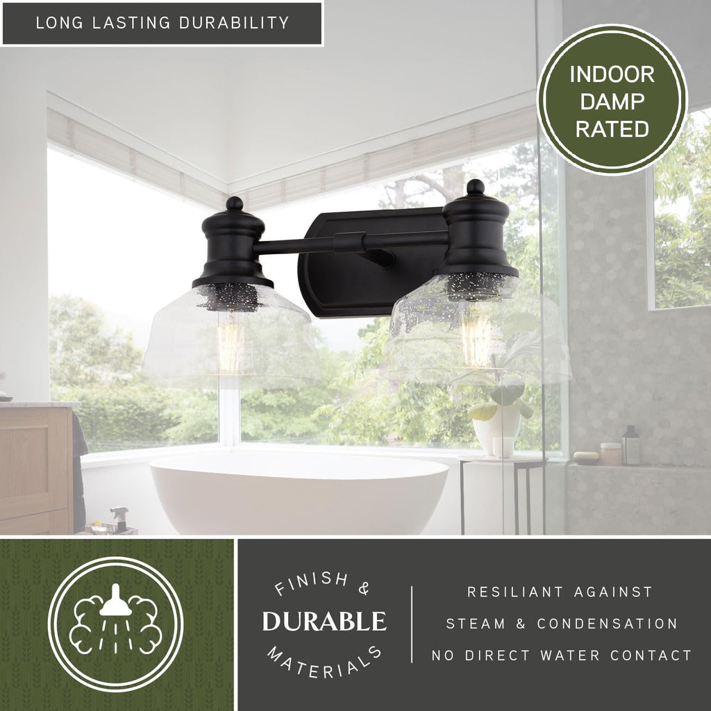 VAXCEL Beloit 2-Light 17 inch Wide Matte Black Farmhouse Bathroom Vanity Lighting Fixture, Clear Seeded Glass Shade, Dimmable, LED Compatible, Over the Mirror Mounted Metal Wall Sconce