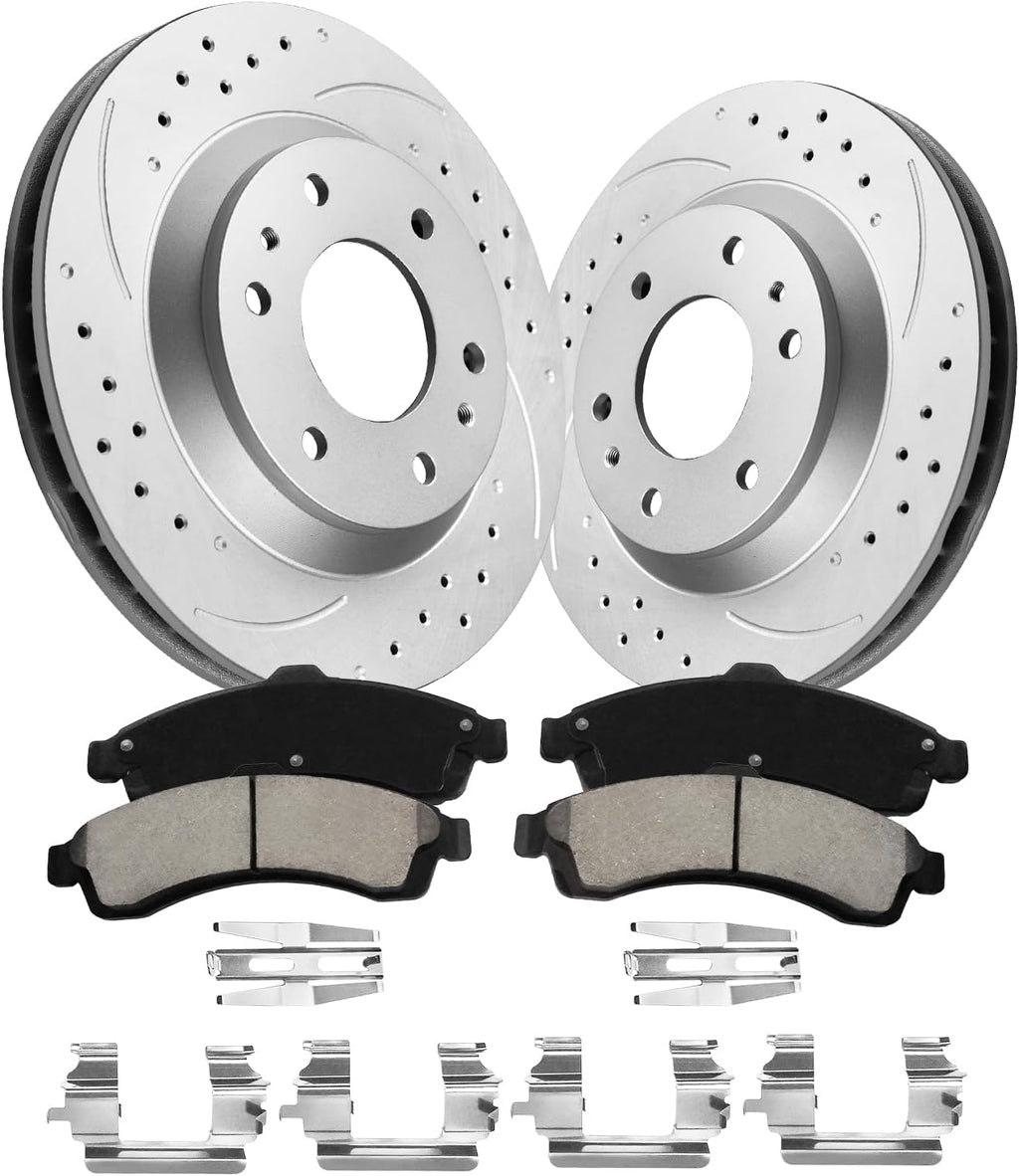 Front Brake Pads And Rotors Kit Compatible With 2002-2005 Chevrolet Trailblazer, GMC Envoy, Automotive Replacement Brake Kits 55069 D882-7759 Geomet Drilled And Slotted Rotors 305mm(12in)