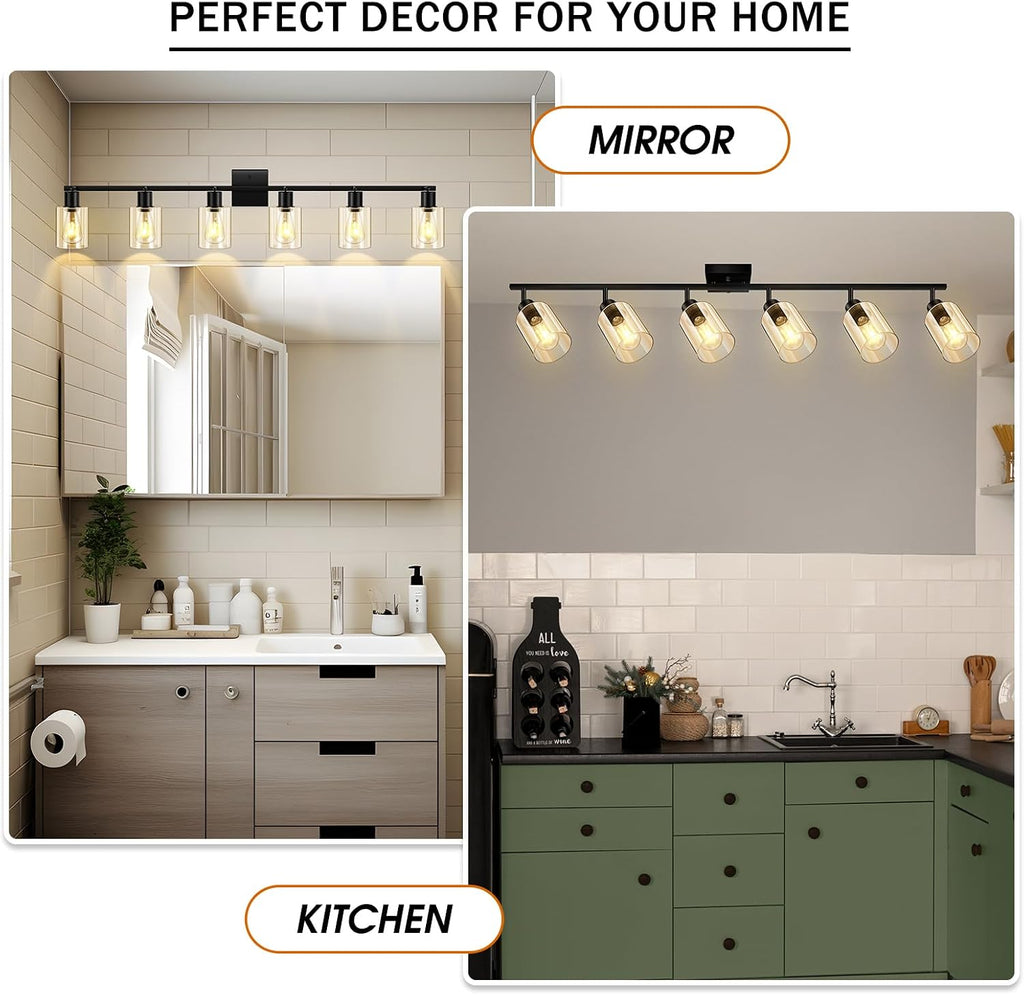 Track Lighting Fixtures Ceiling, 6-Light Track Light with Clear Glass Shade, 45' Modern Kitchen Lighting Ceiling with Rotatable Track Head, Black Wall Light for Vanity Hallway Bedroom(E26, No Bulb)