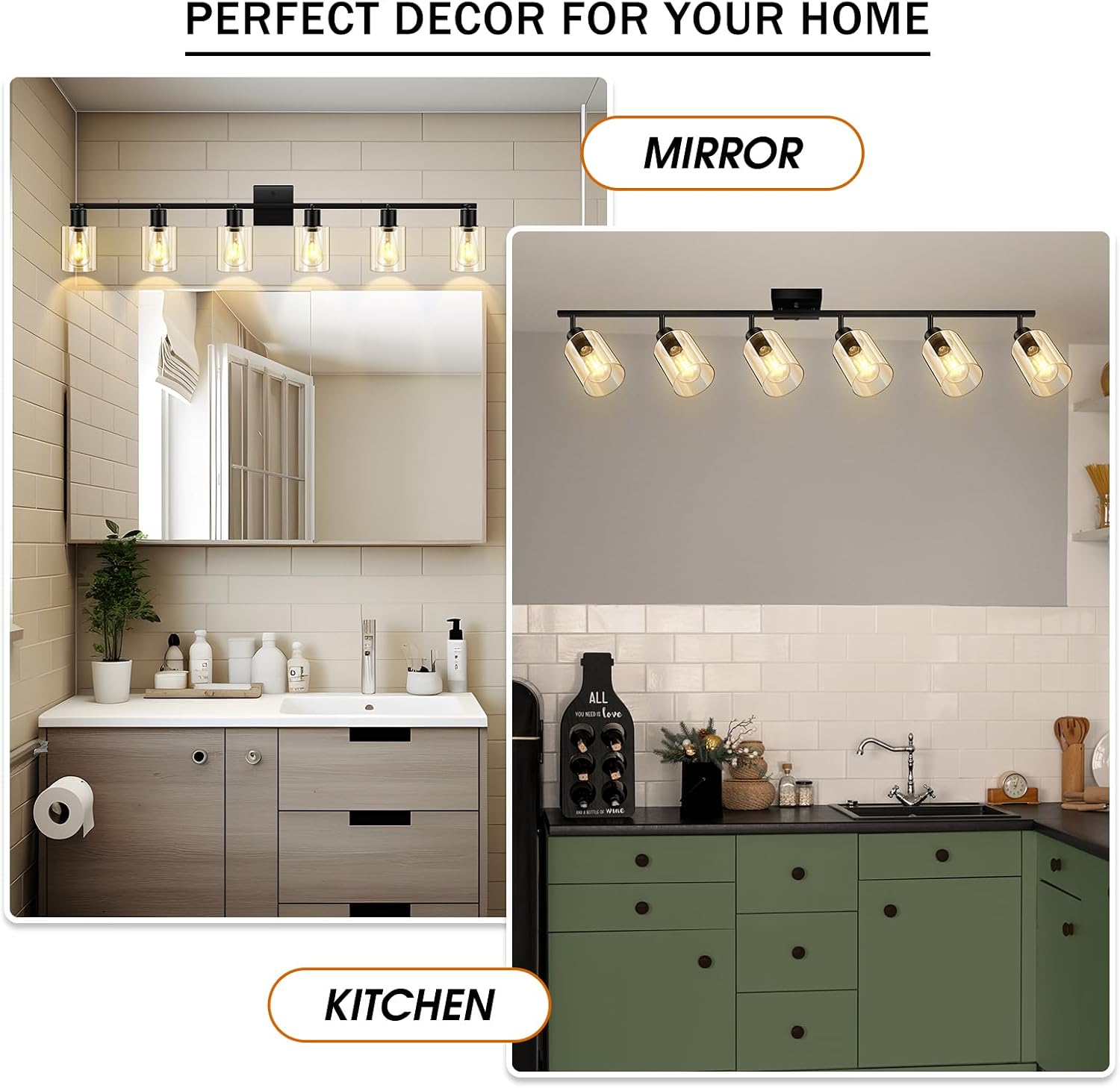 Track Lighting Fixtures Ceiling, 6-Light Track Light with Clear Glass Shade, 45' Modern Kitchen Lighting Ceiling with Rotatable Track Head, Black Wall Light for Vanity Hallway Bedroom(E26, No Bulb)