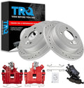 TRQ Performance Rear Brake Pad and Rotor Set Ceramic Slotted Drilled Coated Rotors Calipers Red Compatible with 2007-2008 Mini Cooper