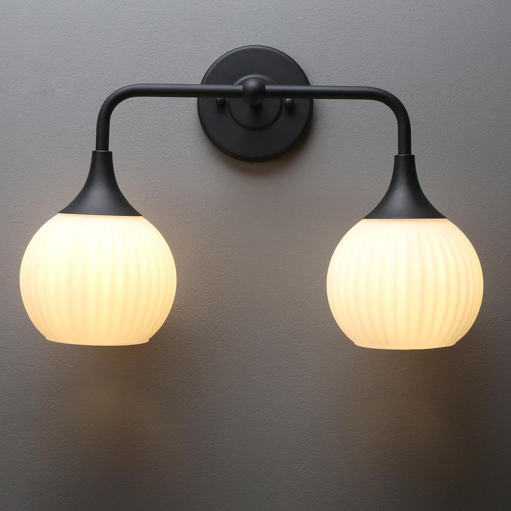 PERMO Double Sconce Black Vintage Vanity Light with White Ribbed Globe Glass Shade Hardwired Wall Light Fixture for Bathroom Mirror Cabinets Hallway Stairs