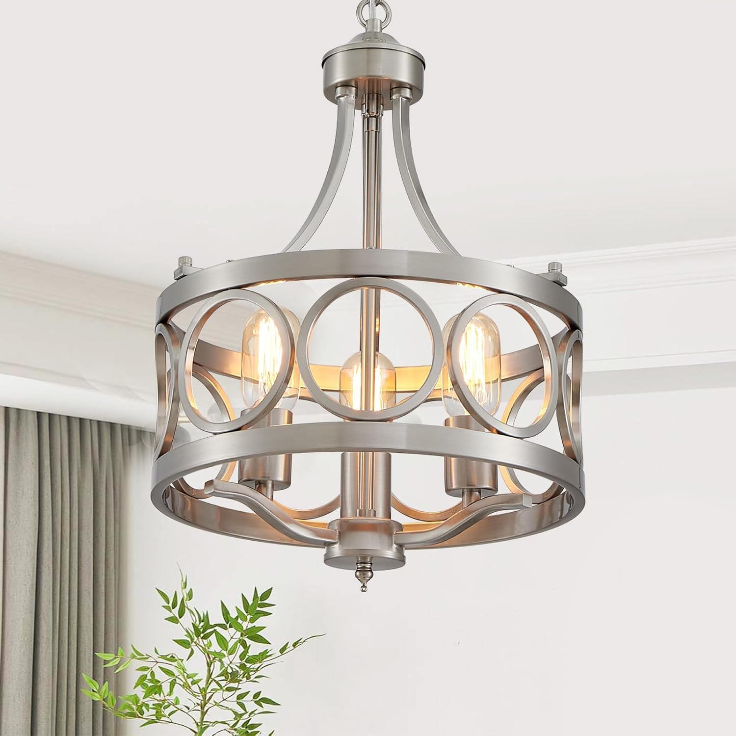 XINGQI 12.6' Modern Farmhouse Brushed Nickel Chandeliers Dining Room Light Fixture Over Table Rustic Metal Drum Pendant Hanging Lamp for Entryway Bedroom Kitchen 3-Light Round Small Chandelier