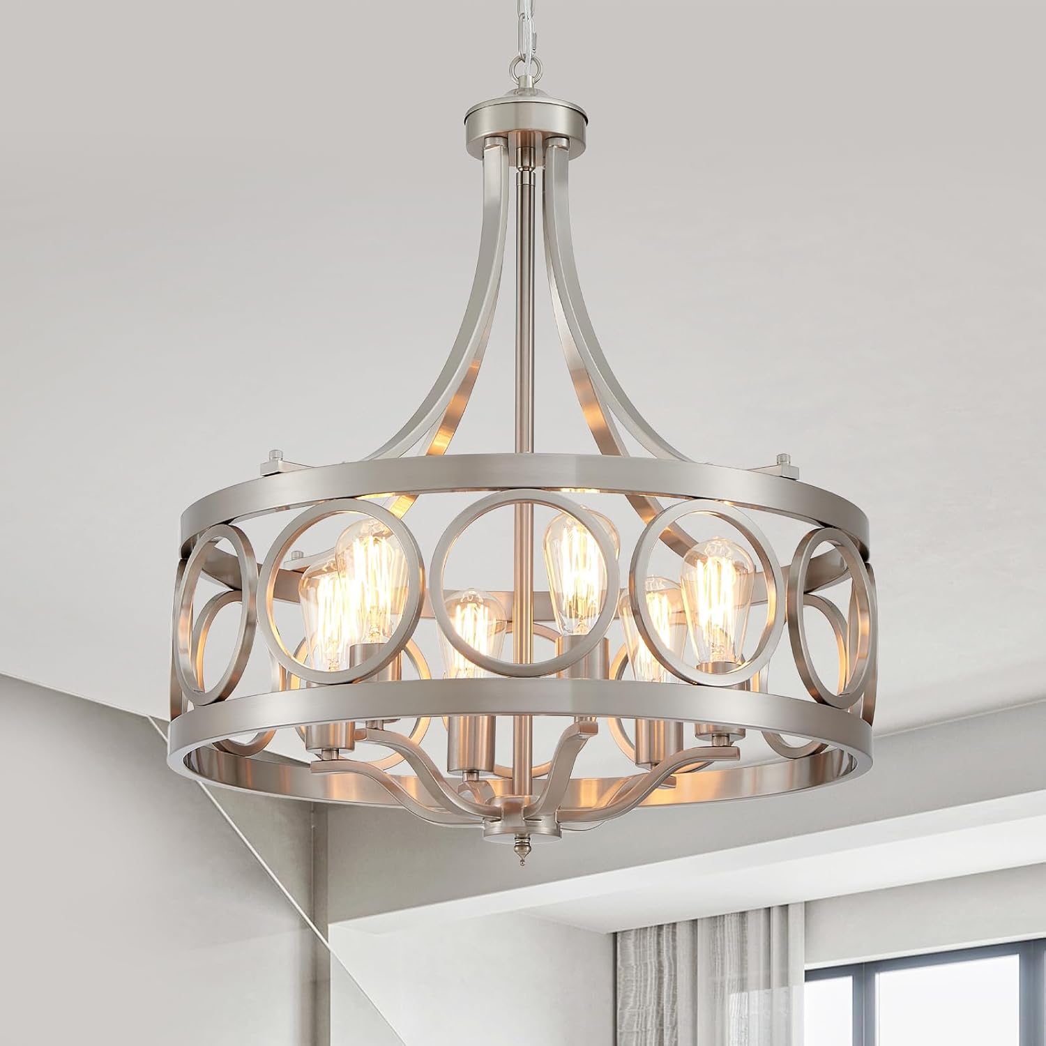 XINGQI Brushed Nickel Dining Room Chandelier 6 Lights Modern Farmhouse Chandelier 21.7' Round Hanging Lighting Fixture Rustic Metal Drum Pendant Lamp for Entryway Bedroom Kitchen