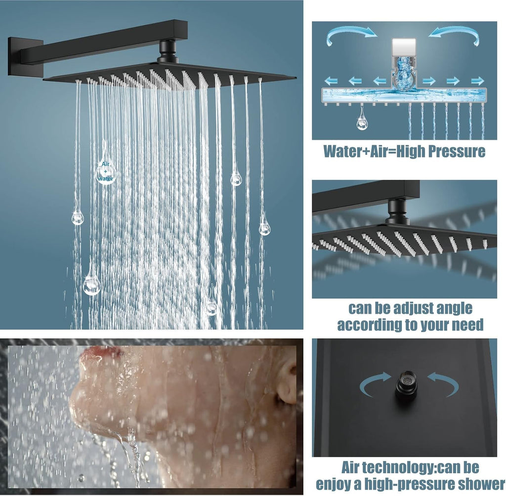 Aolemi Rainfall Shower System Shower Head Combo Set with Tub Filler Handheld Shower Luxury Rough-in Valve Included Wall Mount Bathroom Shower Mixer Faucet 10 Inch Shower Head Matte Black