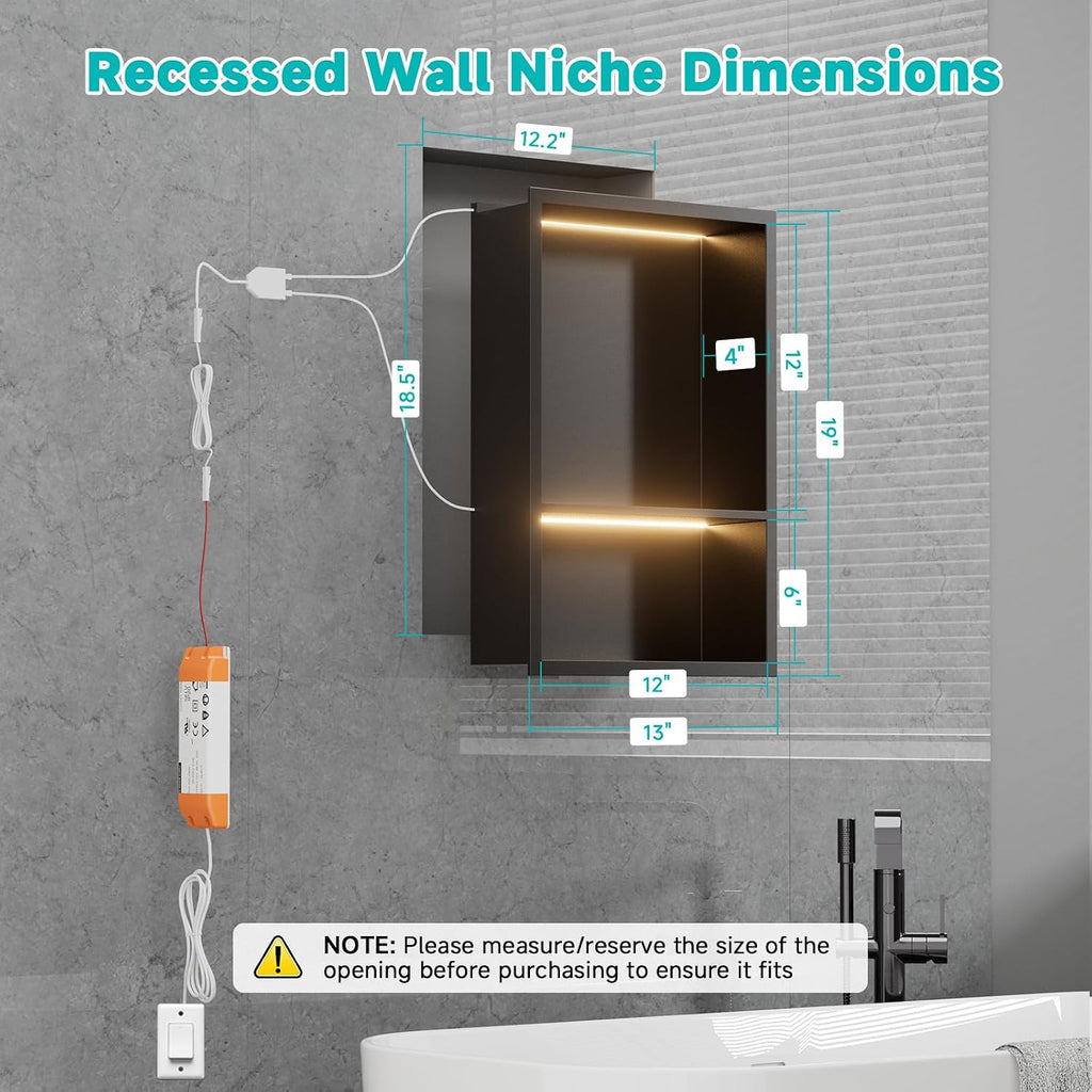 12' x 18' Stainless Steel Shower Niche with LED Lights – Recessed 2-Tier Shower Shelf, 12'x12' Upper & 12'x6' Lower Storage, Modern Bathroom Wall Niche (Black)
