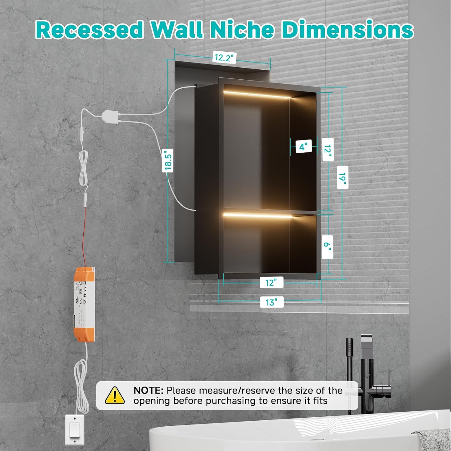 12' x 18' Stainless Steel Shower Niche with LED Lights – Recessed 2-Tier Shower Shelf, 12'x12' Upper & 12'x6' Lower Storage, Modern Bathroom Wall Niche (Black)