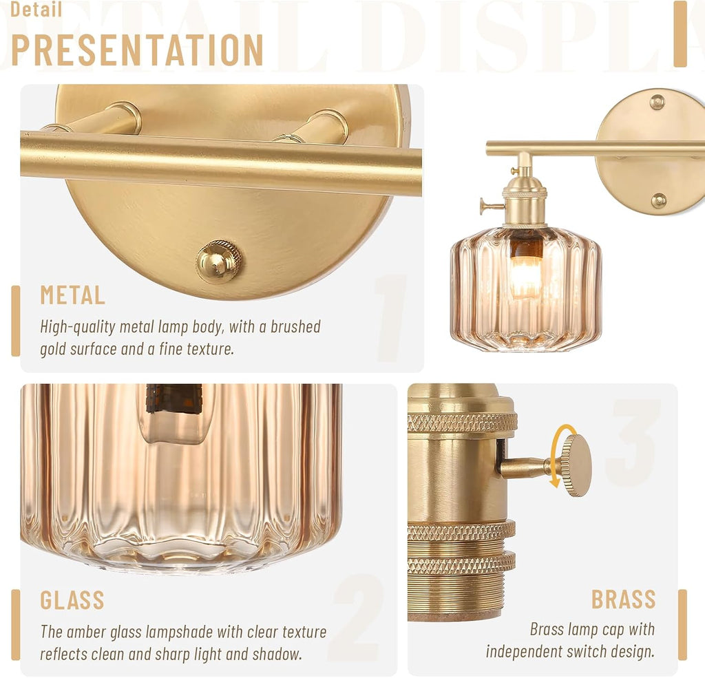 Vintage Glass Wall Sconce, 2-Light Brass Gold Bathroom Lighting Fixtures Over Mirror, Ribbed Vanity Wall Light with Amber Glass Shade, E26 Base for Bedroom, Dressing Table, Hallway